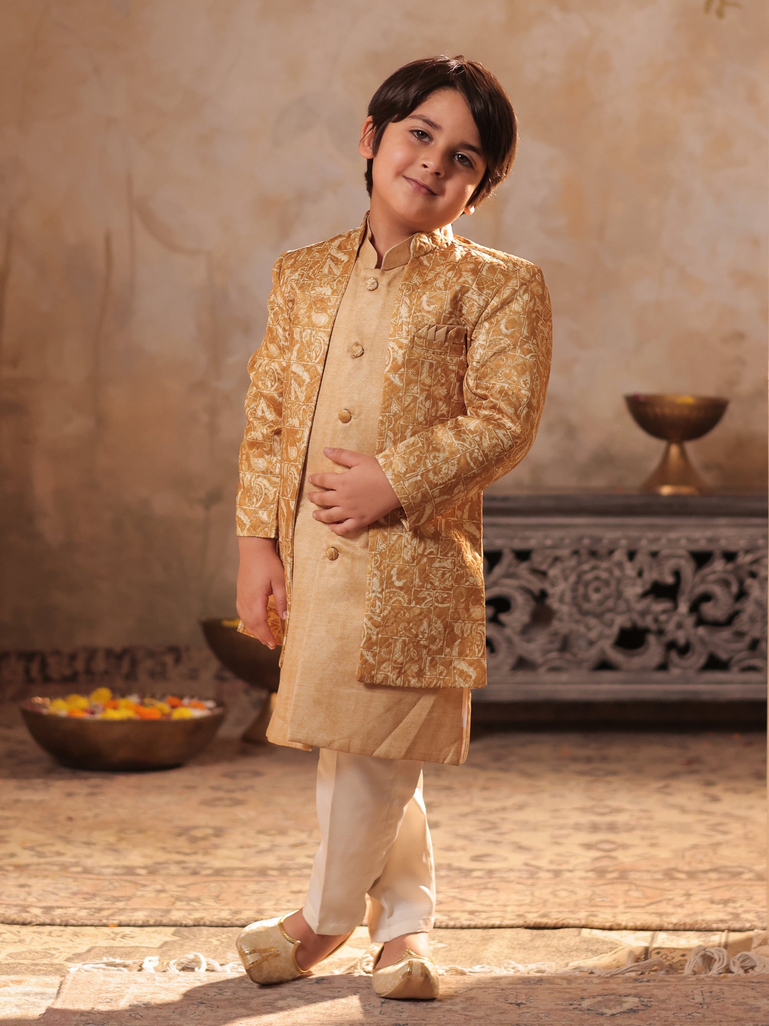Boys Yellow Jacquard Full Sleeves Rich Embroidery Sherwani