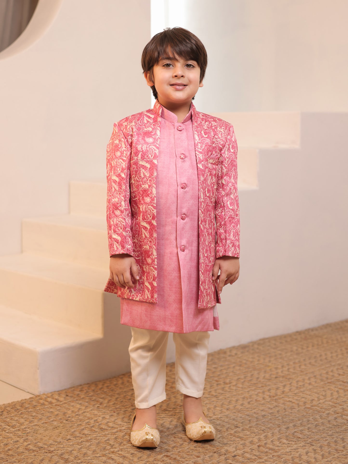 Boys Pink Jacquard Full Sleeves Rich Embroidery Sherwani