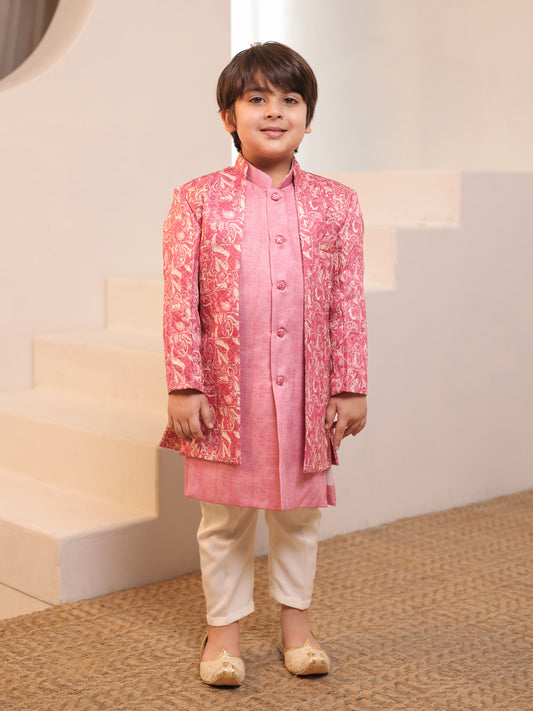 Boys Pink Jacquard Full Sleeves Rich Embroidery Sherwani