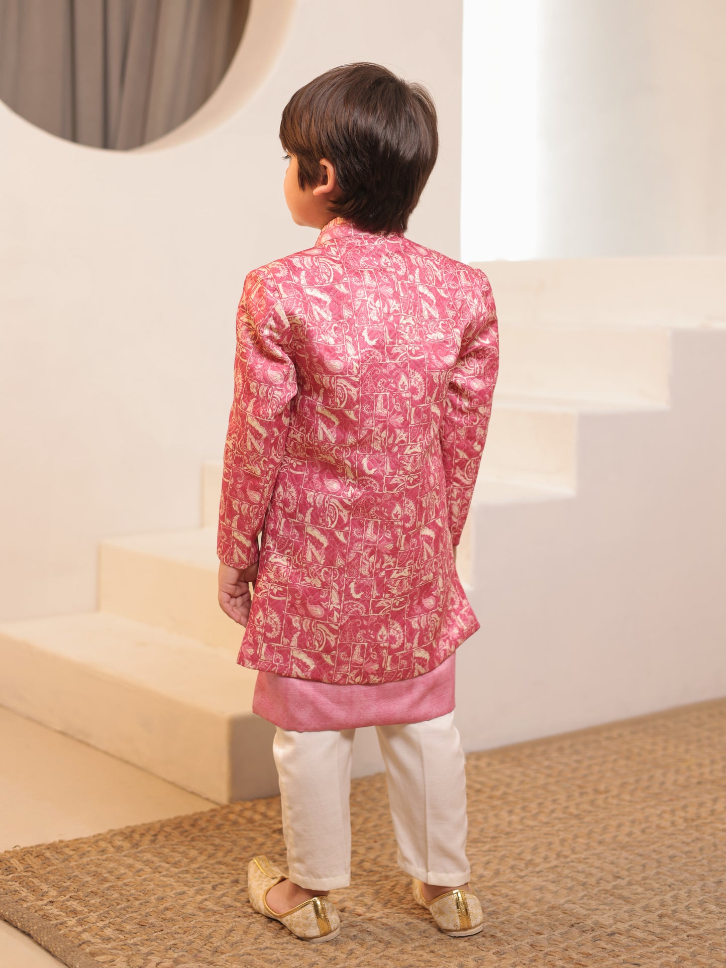 Boys Pink Jacquard Full Sleeves Rich Embroidery Sherwani