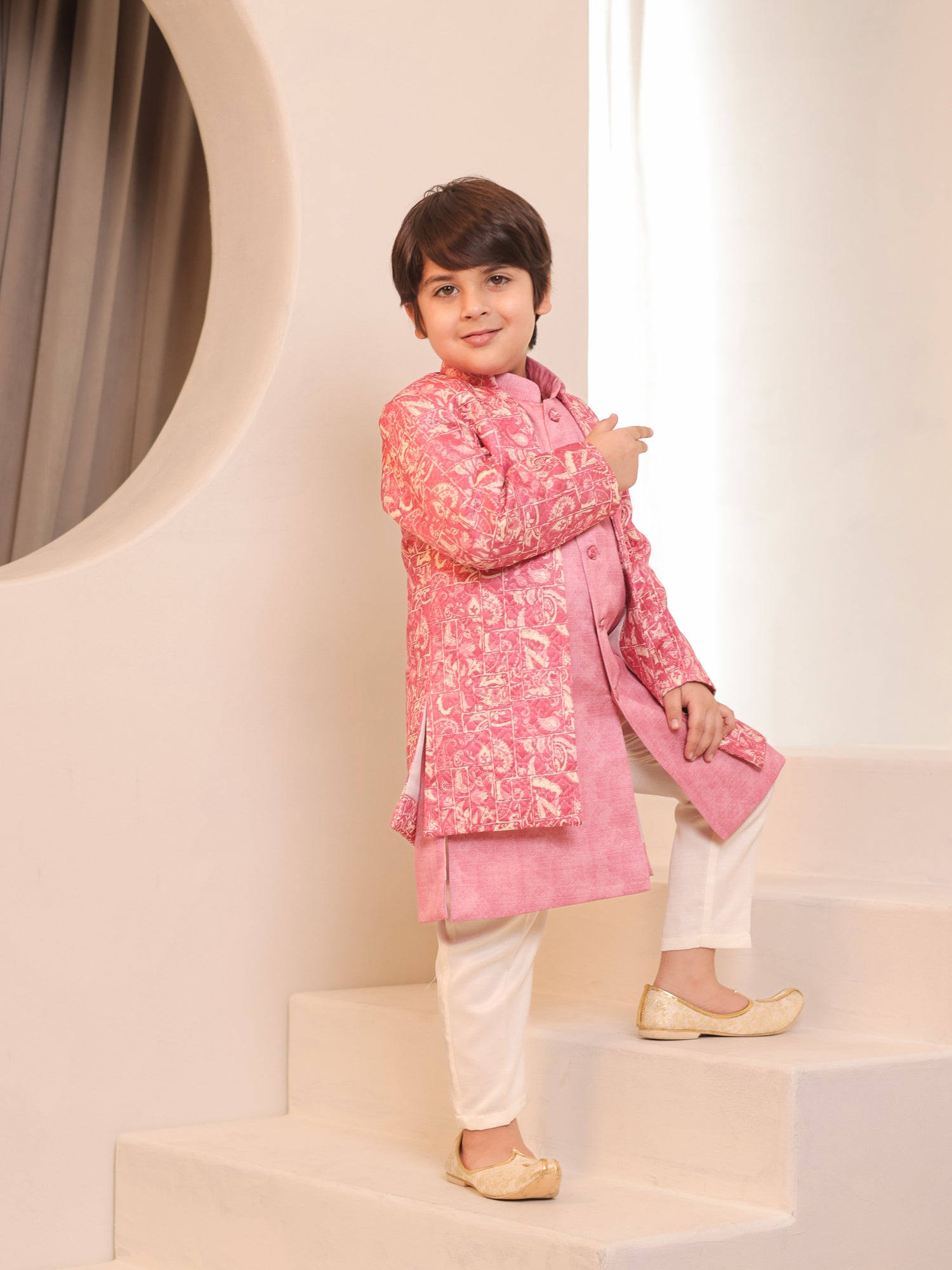 Boys Pink Jacquard Full Sleeves Rich Embroidery Sherwani