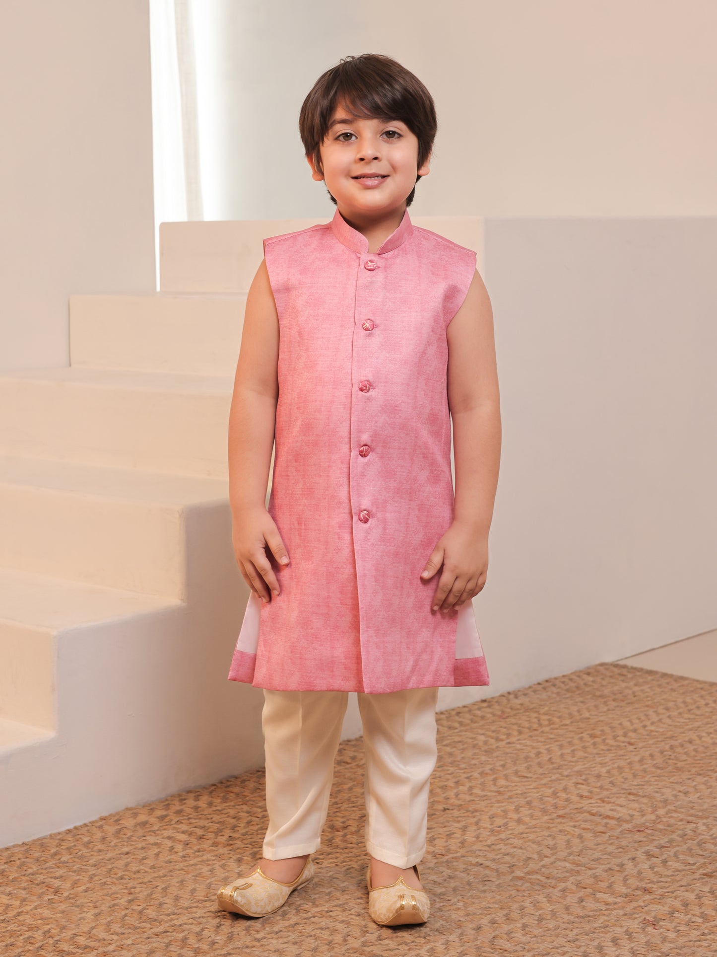 Boys Pink Jacquard Full Sleeves Rich Embroidery Sherwani