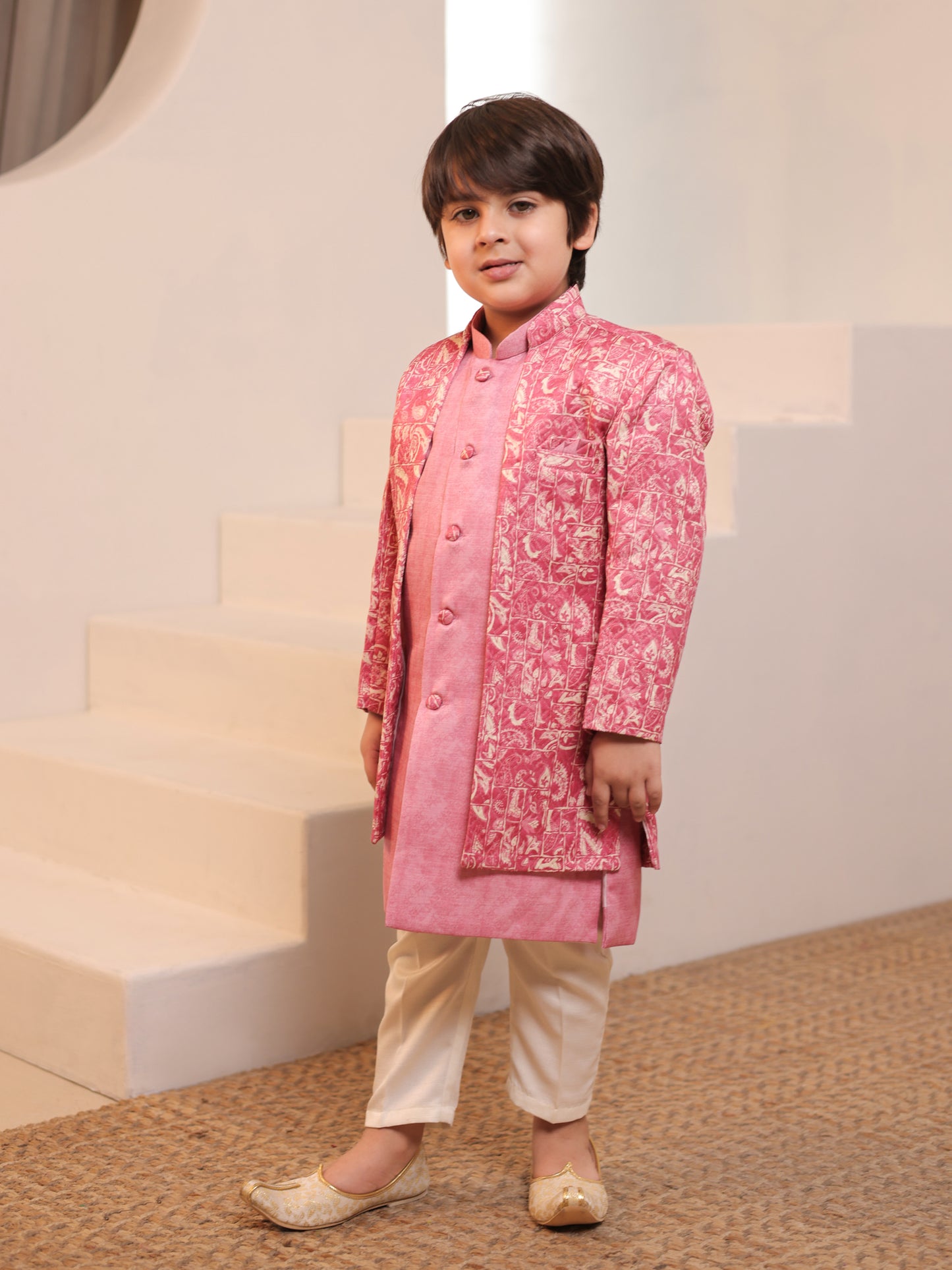Boys Pink Jacquard Full Sleeves Rich Embroidery Sherwani