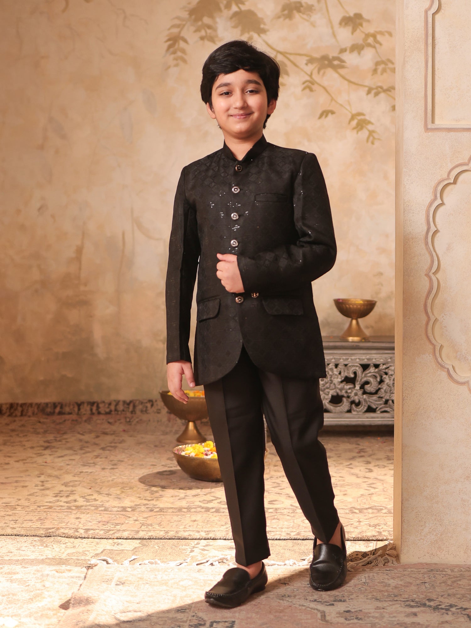 Boys Black Jacquard Full Sleeves Sequins and Embroidery Sherwani