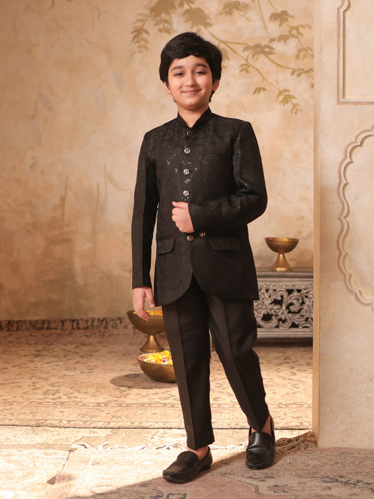 Boys Black Jacquard Full Sleeves Sequins and Embroidery Sherwani