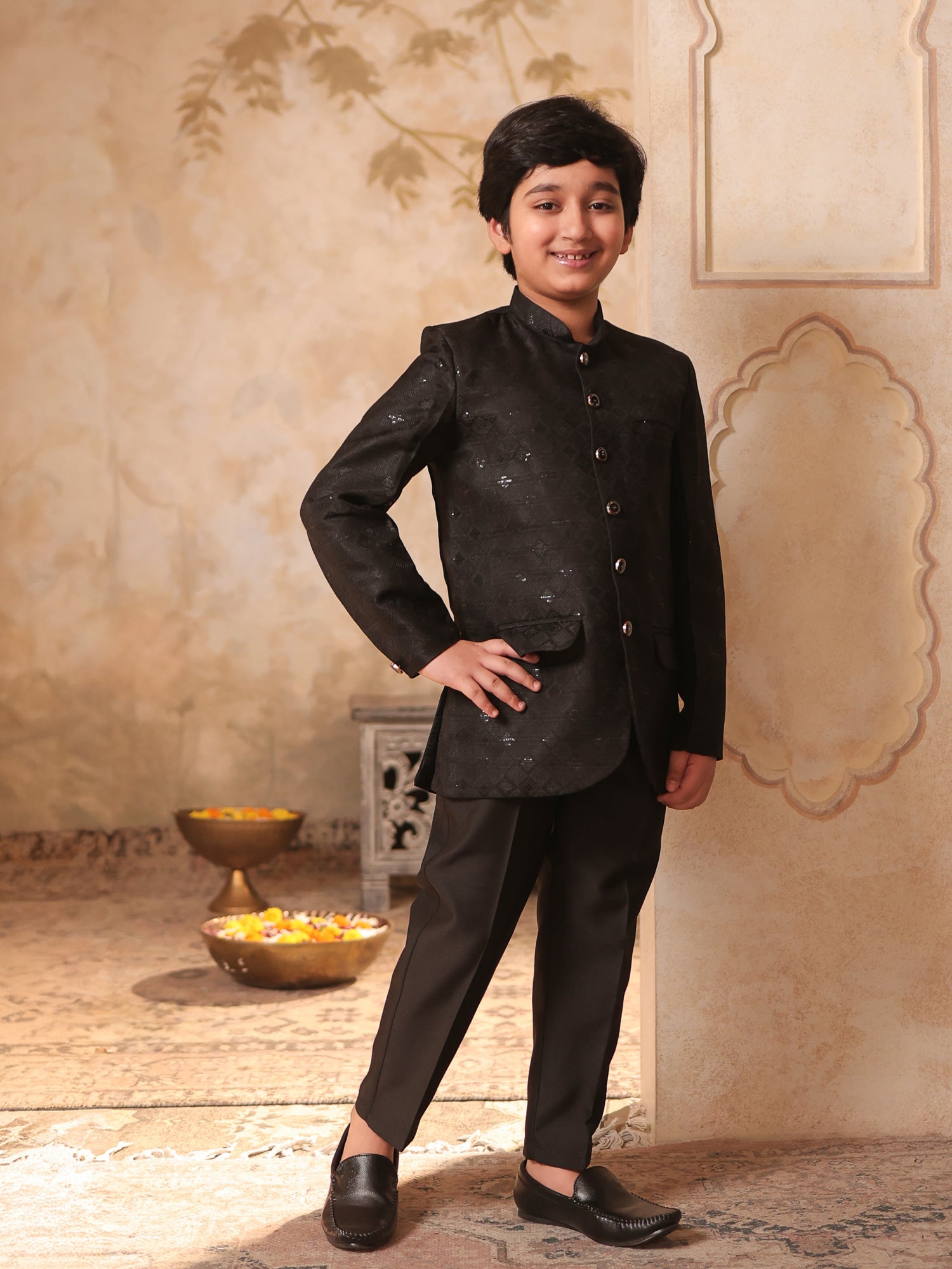 Boys Black Jacquard Full Sleeves Sequins and Embroidery Sherwani