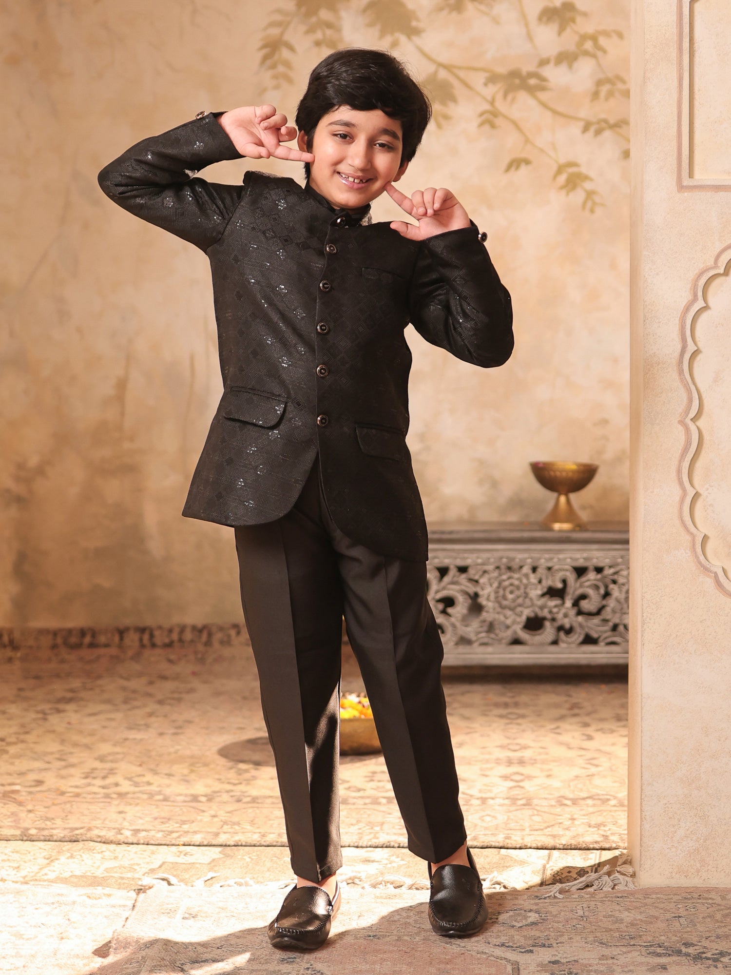 Boys Black Jacquard Full Sleeves Sequins and Embroidery Sherwani