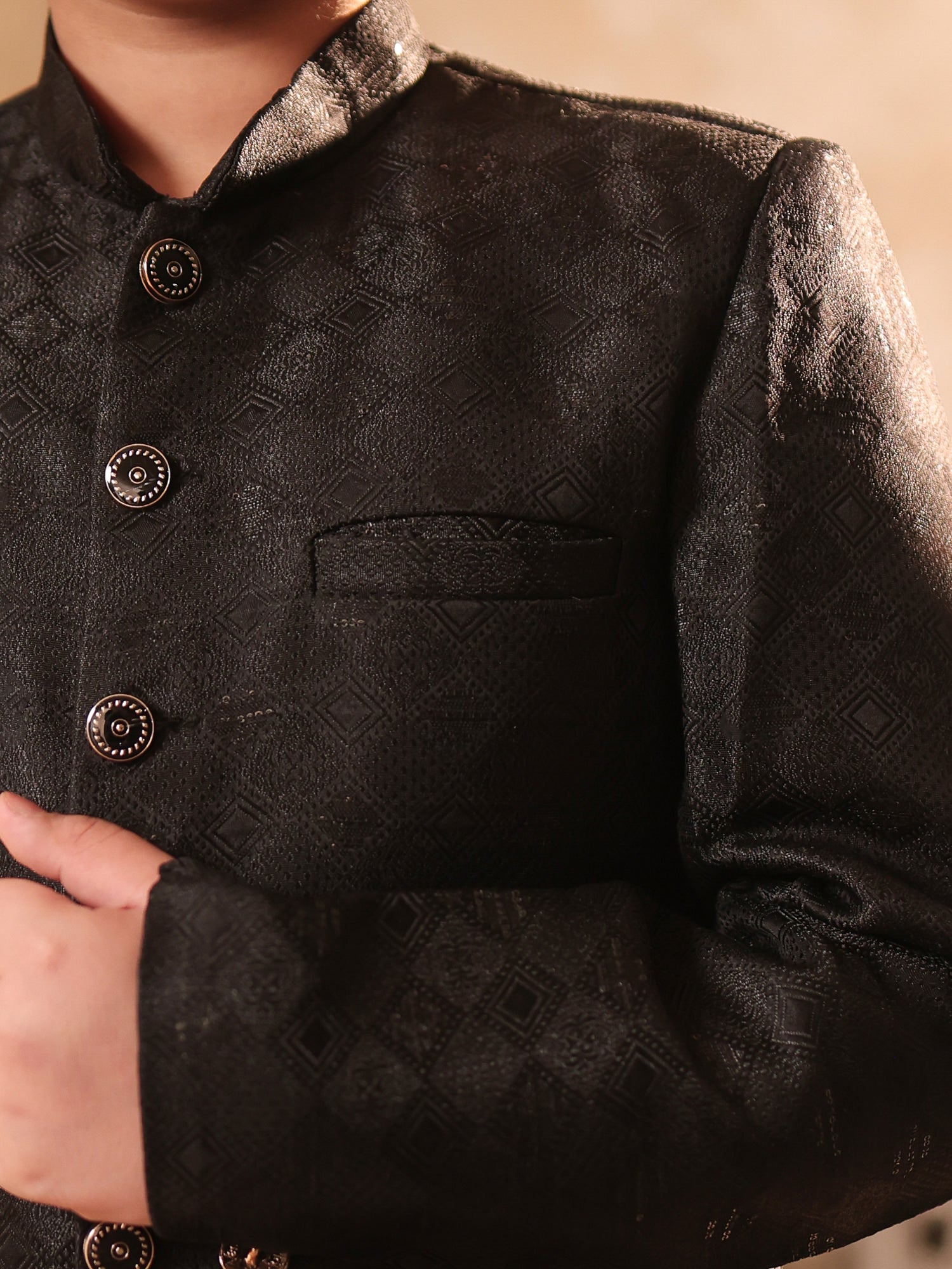 Boys Black Jacquard Full Sleeves Sequins and Embroidery Sherwani