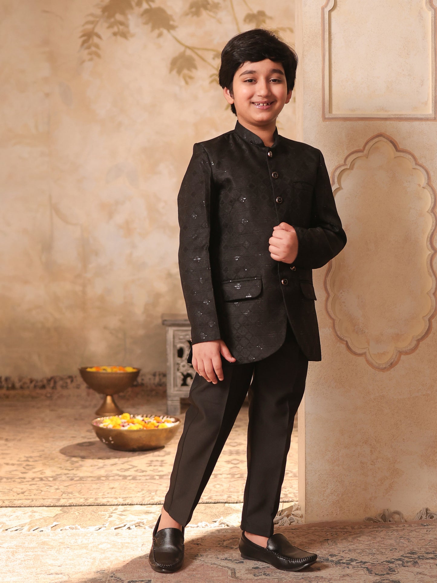 Boys Black Jacquard Full Sleeves Sequins and Embroidery Sherwani