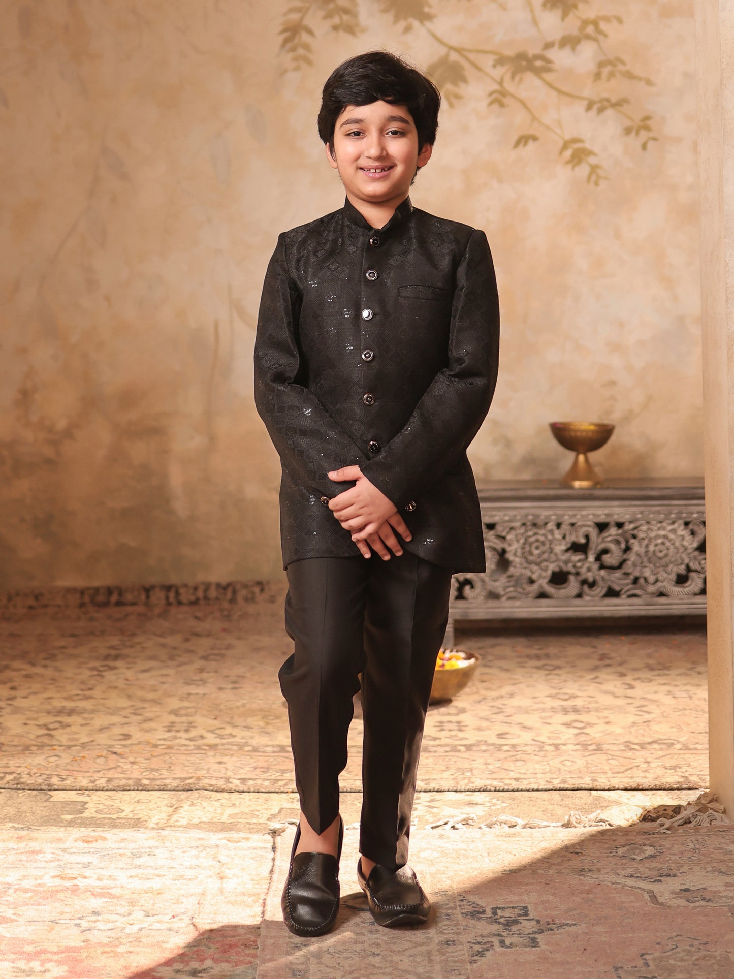 Boys Black Jacquard Full Sleeves Sequins and Embroidery Sherwani