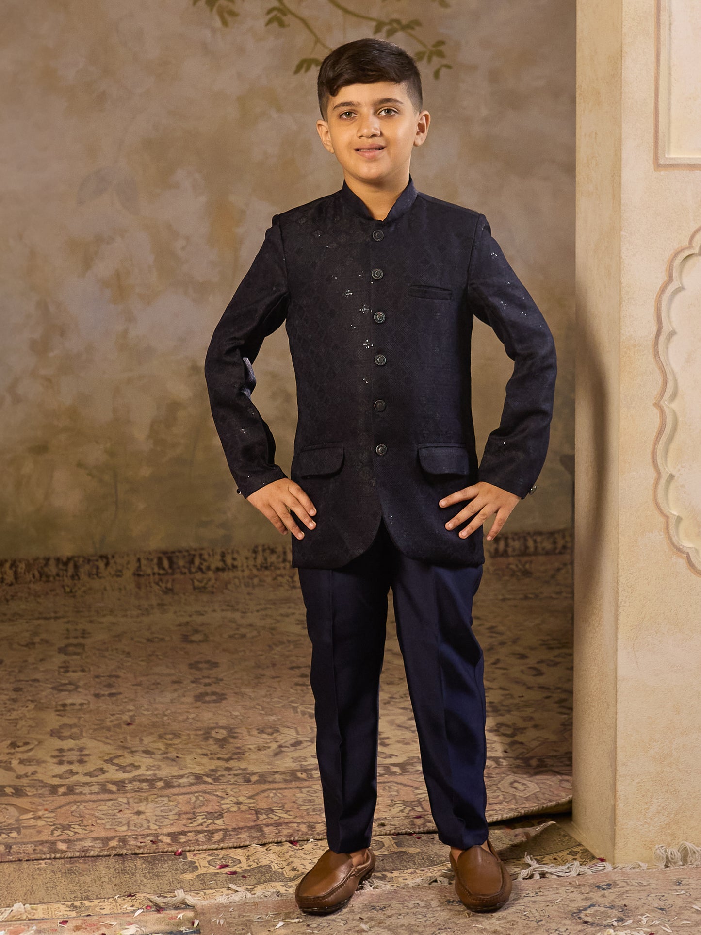 Boys Blue Jacquard Full Sleeves Sequins and Embroidery Sherwani