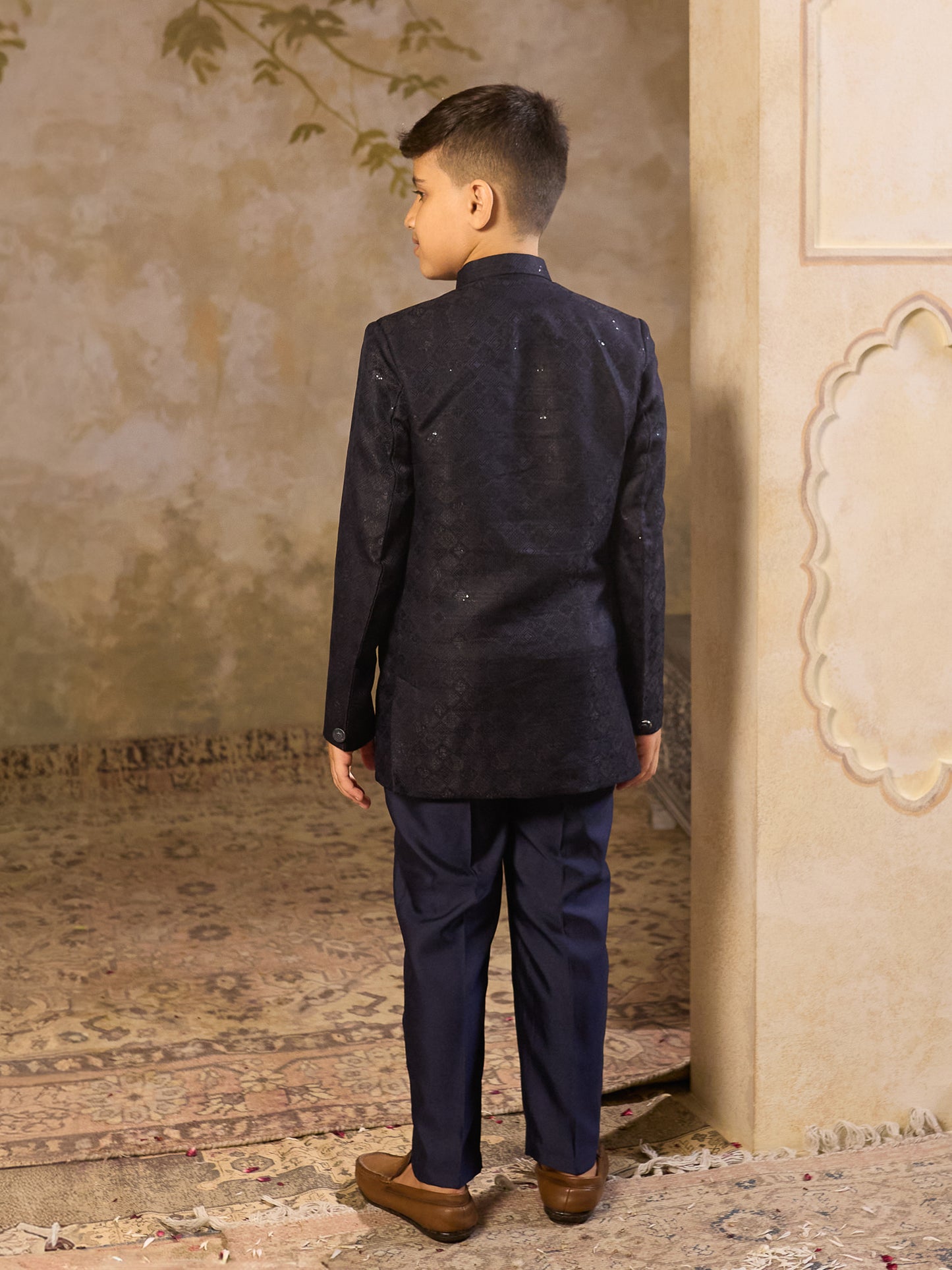Boys Blue Jacquard Full Sleeves Sequins and Embroidery Sherwani