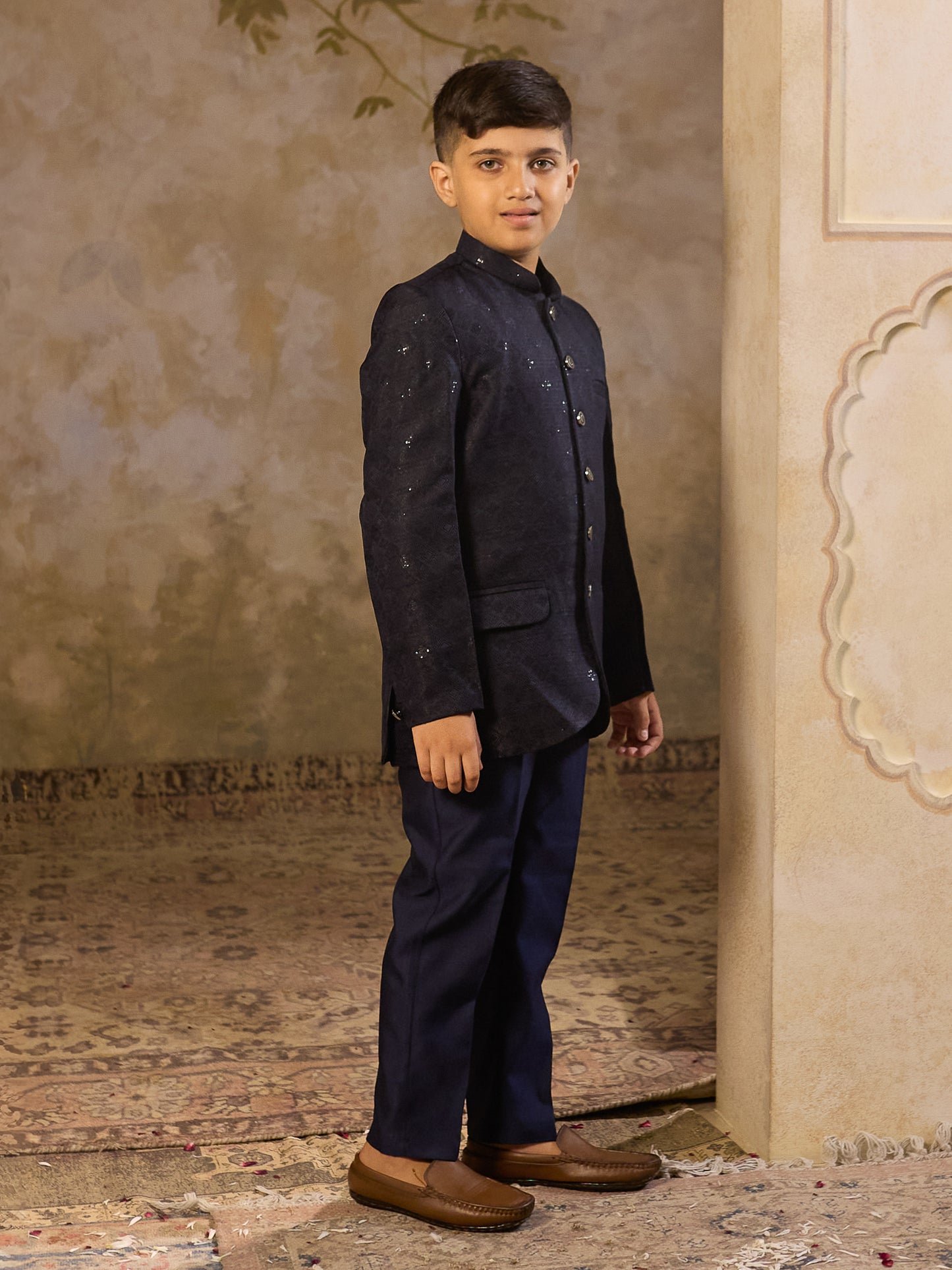Boys Blue Jacquard Full Sleeves Sequins and Embroidery Sherwani