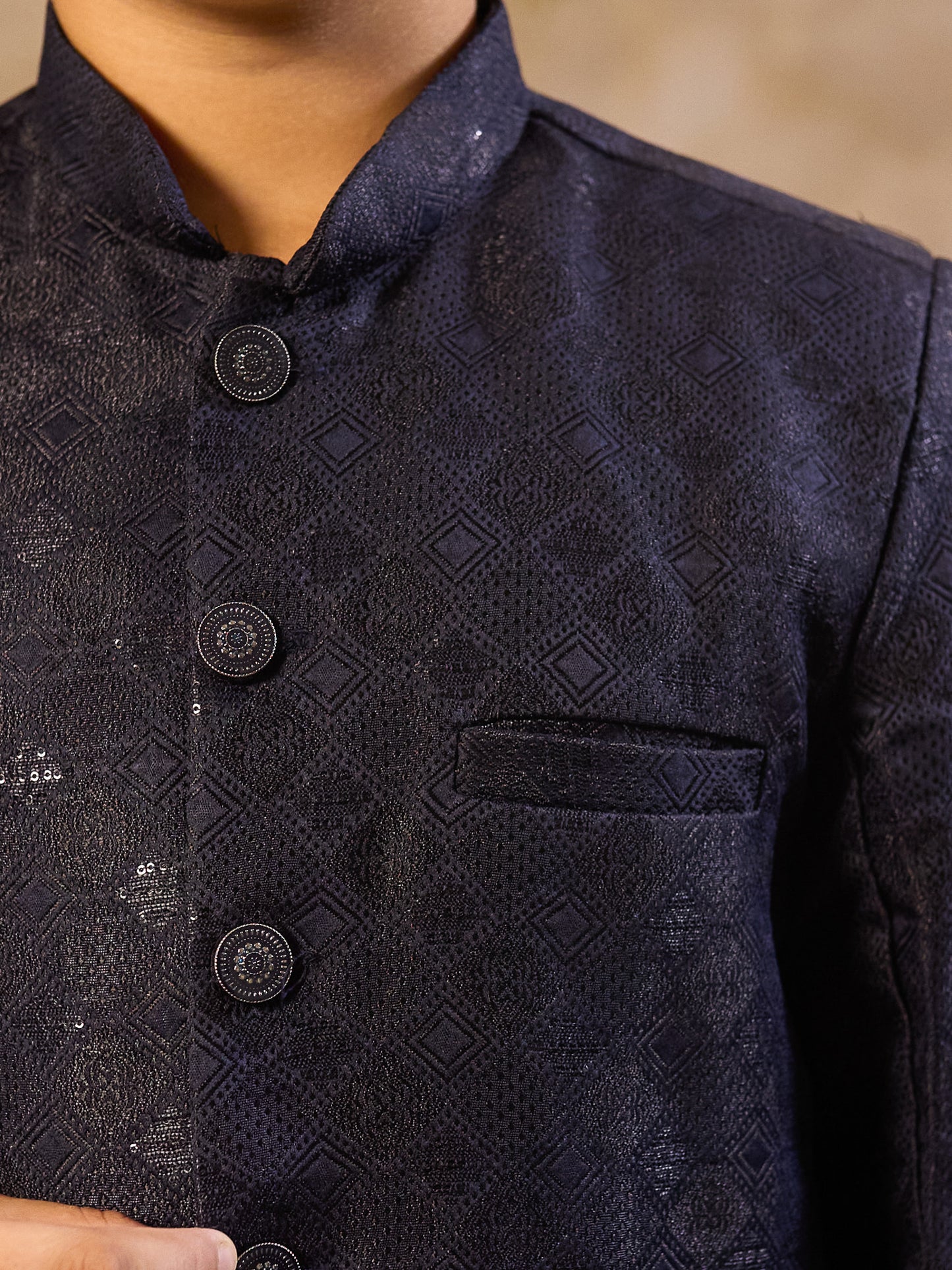 Boys Blue Jacquard Full Sleeves Sequins and Embroidery Sherwani