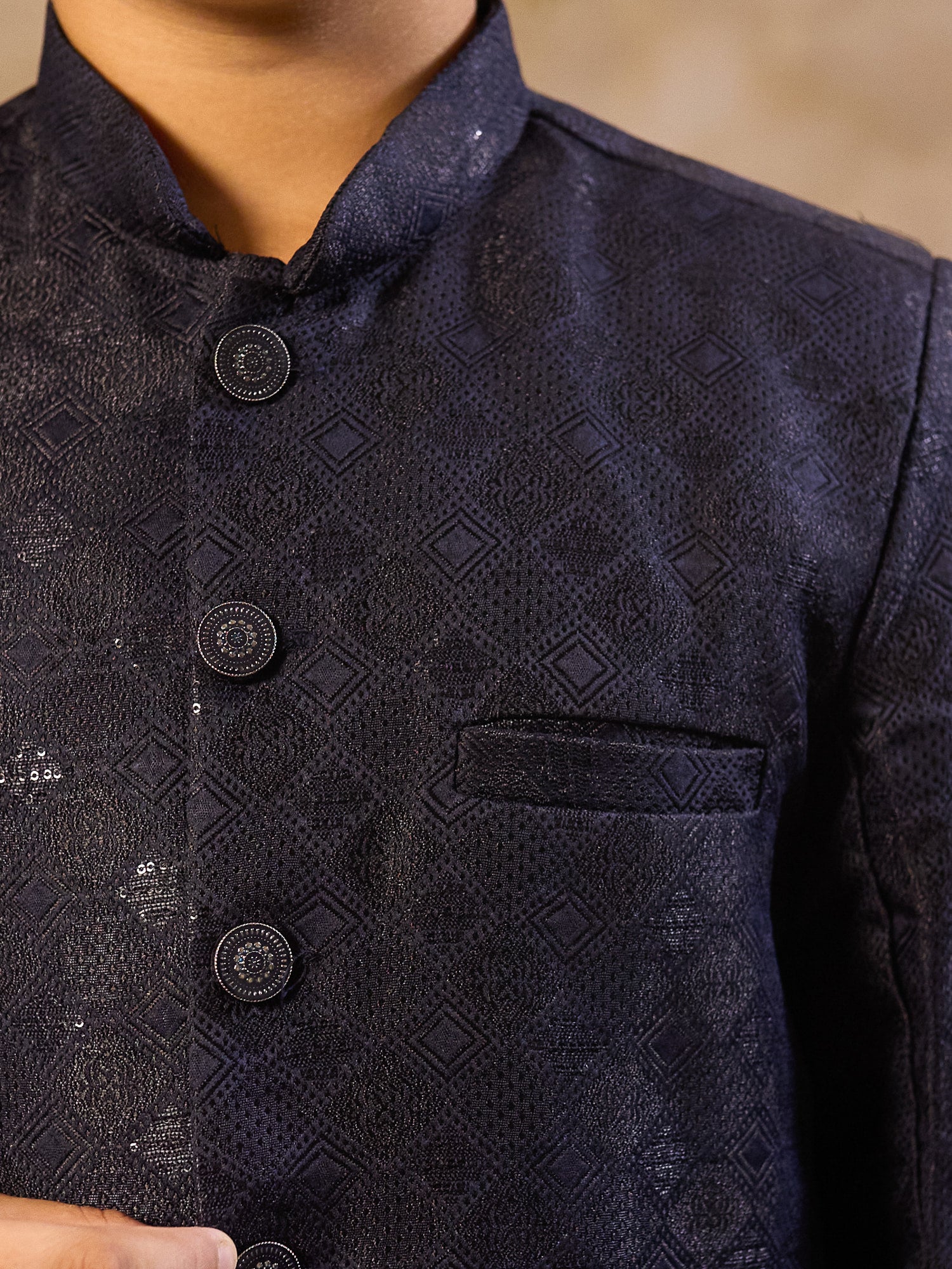 Boys Blue Jacquard Full Sleeves Sequins and Embroidery Sherwani