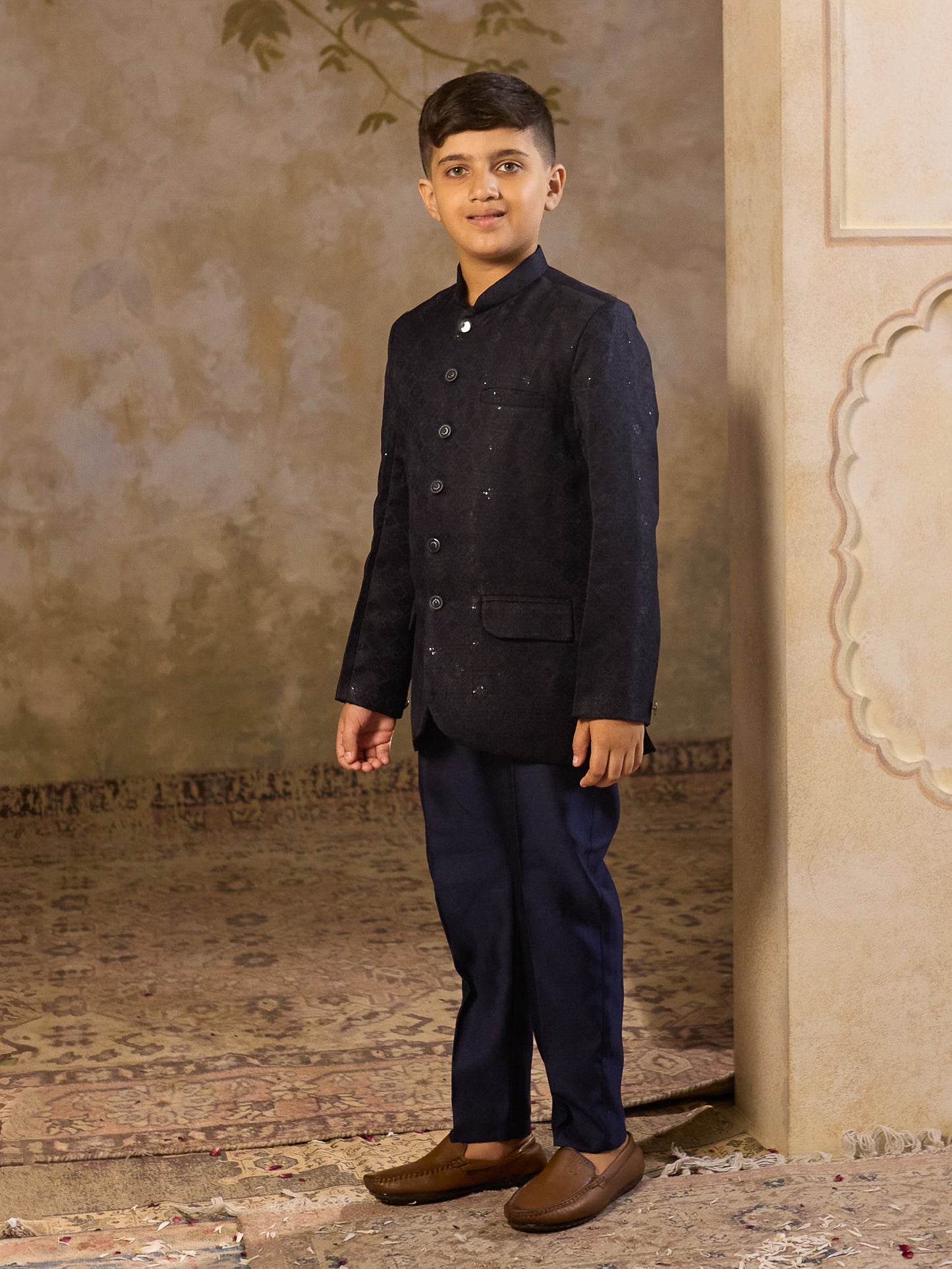 Boys Blue Jacquard Full Sleeves Sequins and Embroidery Sherwani