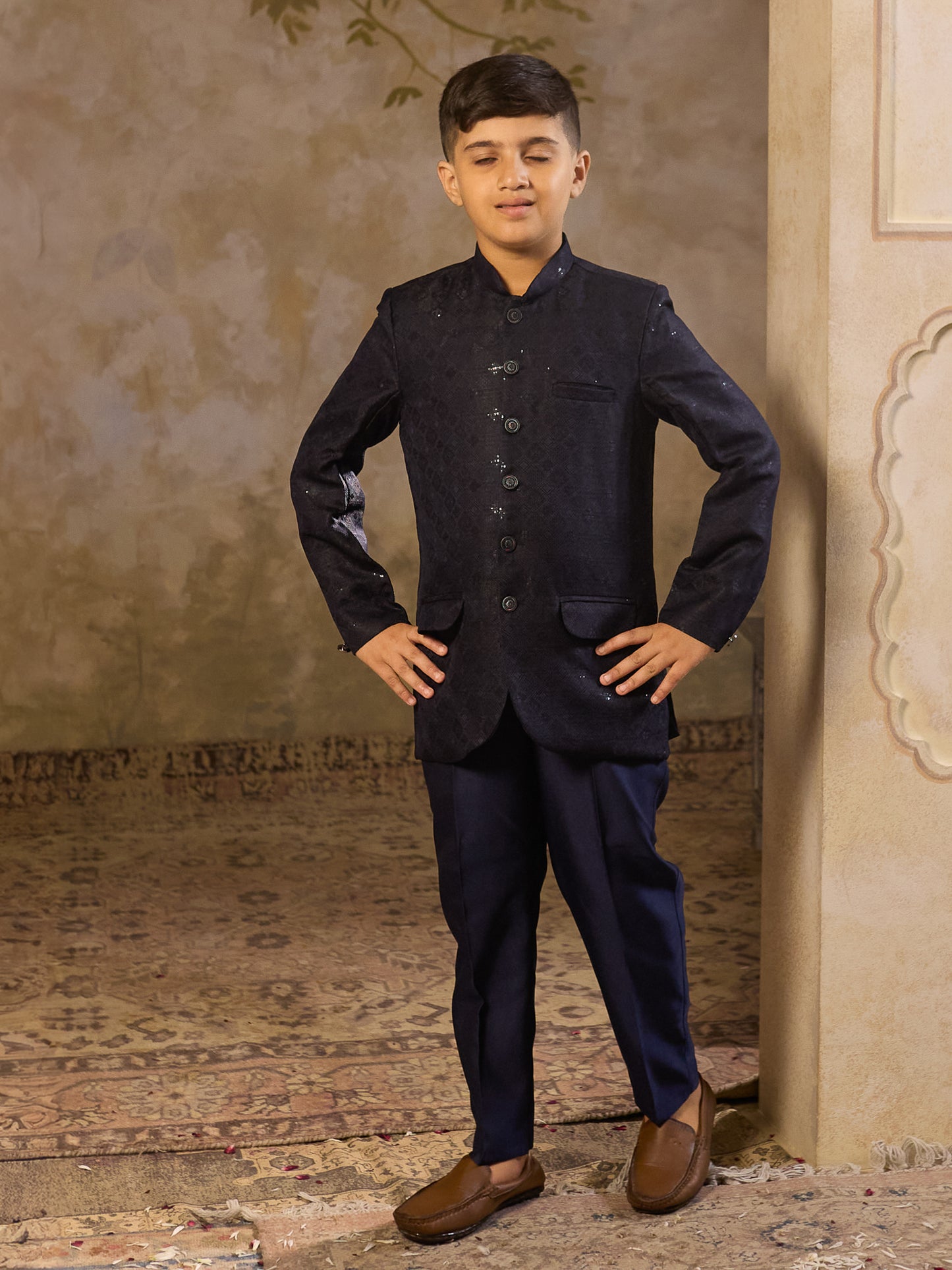 Boys Blue Jacquard Full Sleeves Sequins and Embroidery Sherwani