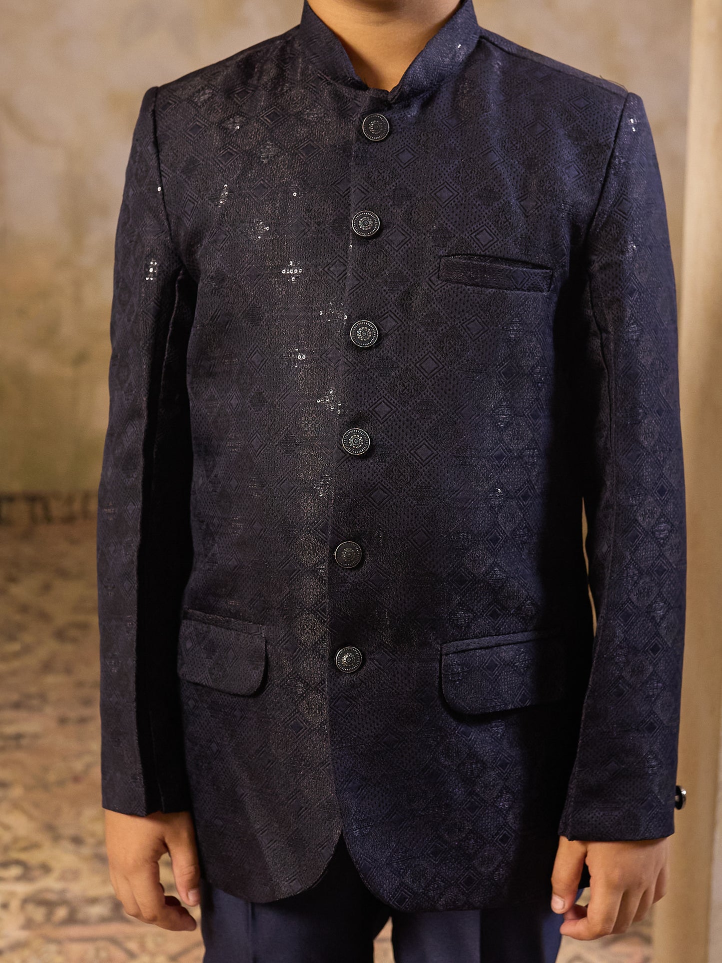 Boys Blue Jacquard Full Sleeves Sequins and Embroidery Sherwani