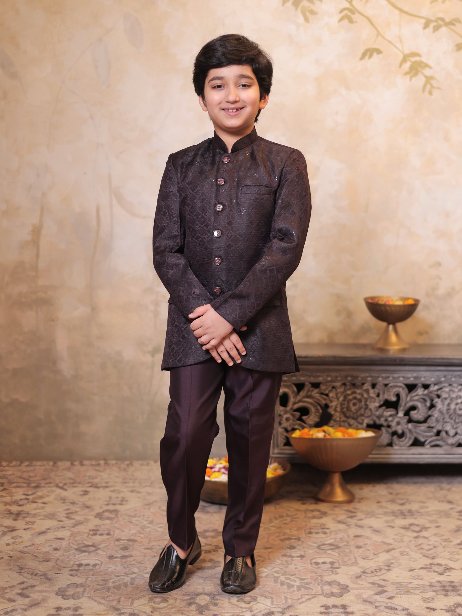 Boys Maroon Jacquard Full Sleeves Sequins and Embroidery Sherwani