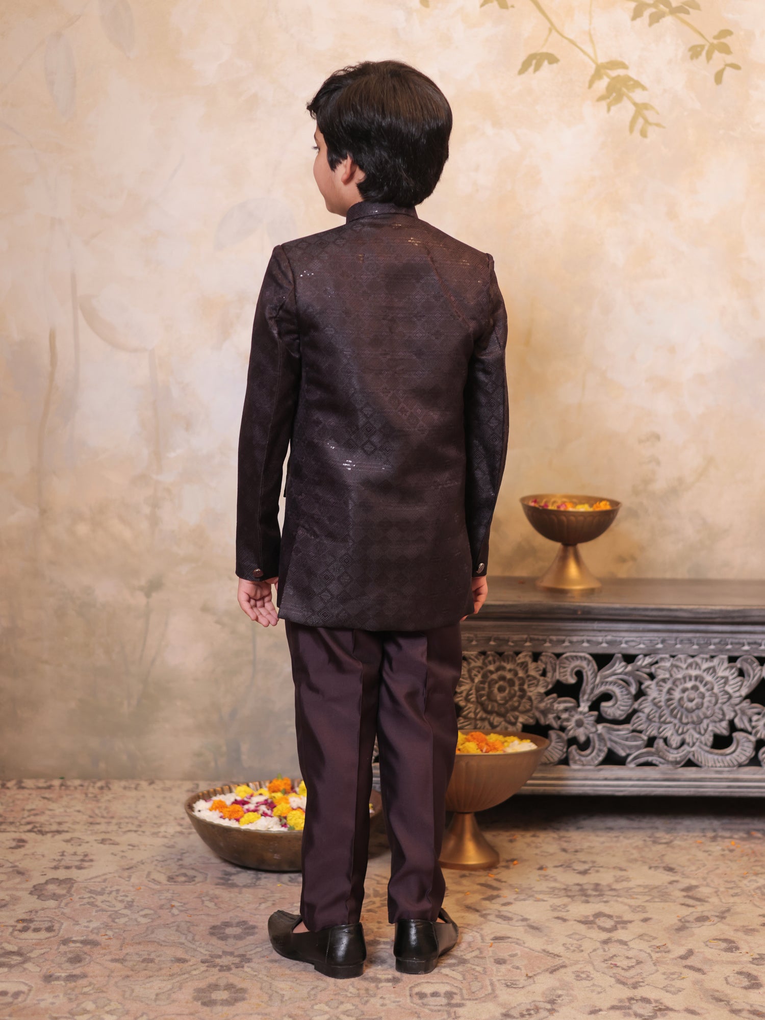 Boys Maroon Jacquard Full Sleeves Sequins and Embroidery Sherwani