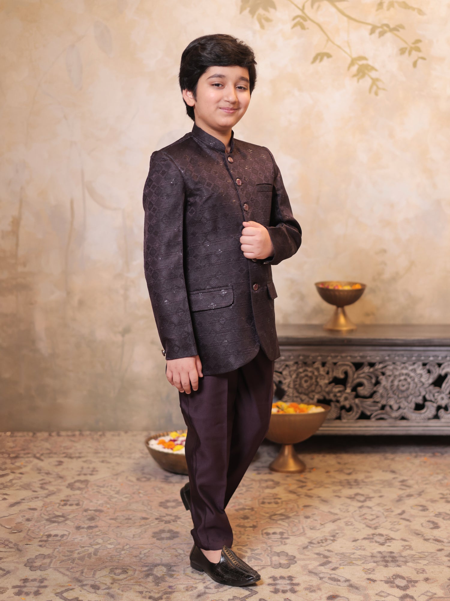 Boys Maroon Jacquard Full Sleeves Sequins and Embroidery Sherwani