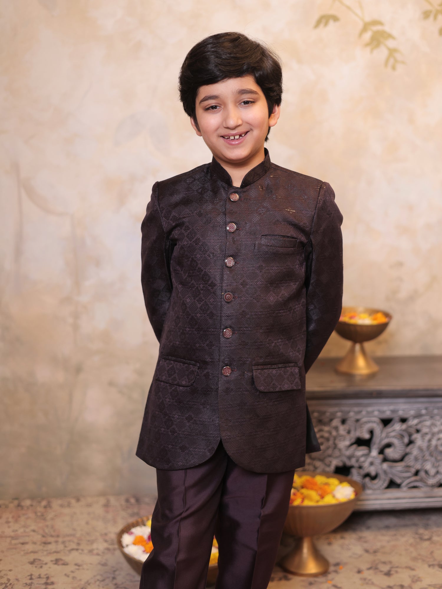 Boys Maroon Jacquard Full Sleeves Sequins and Embroidery Sherwani