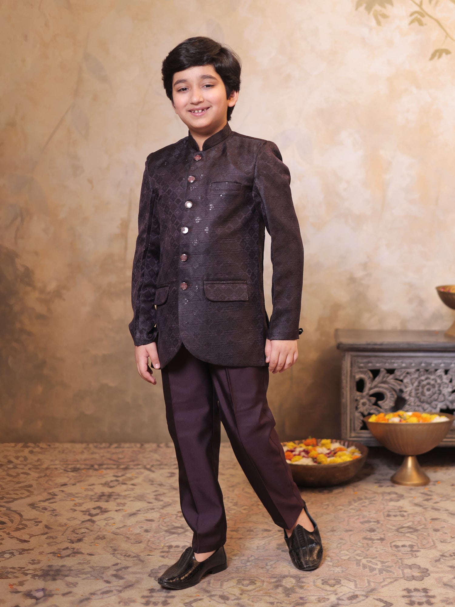 Boys Maroon Jacquard Full Sleeves Sequins and Embroidery Sherwani