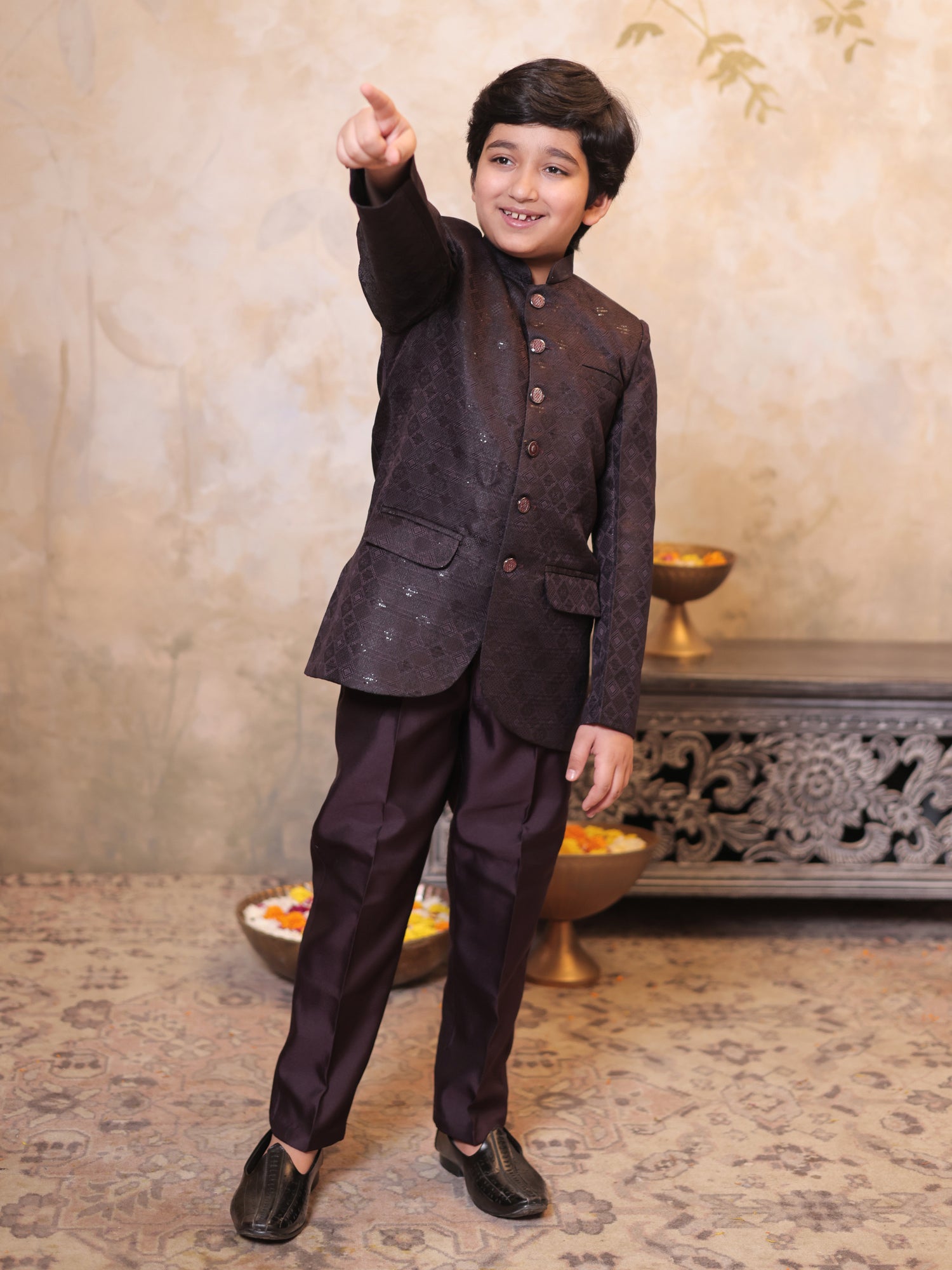 Boys Maroon Jacquard Full Sleeves Sequins and Embroidery Sherwani