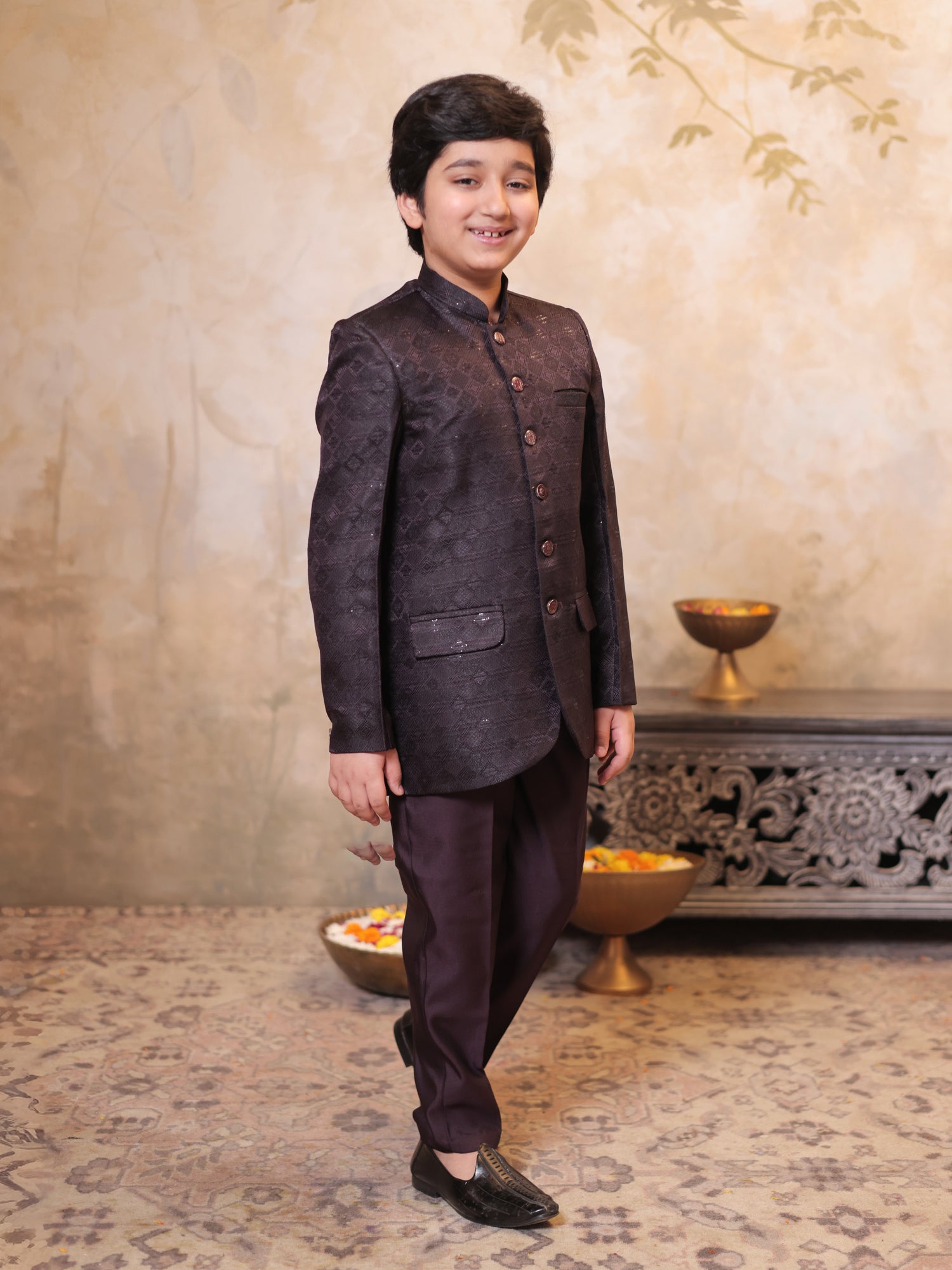 Boys Maroon Jacquard Full Sleeves Sequins and Embroidery Sherwani