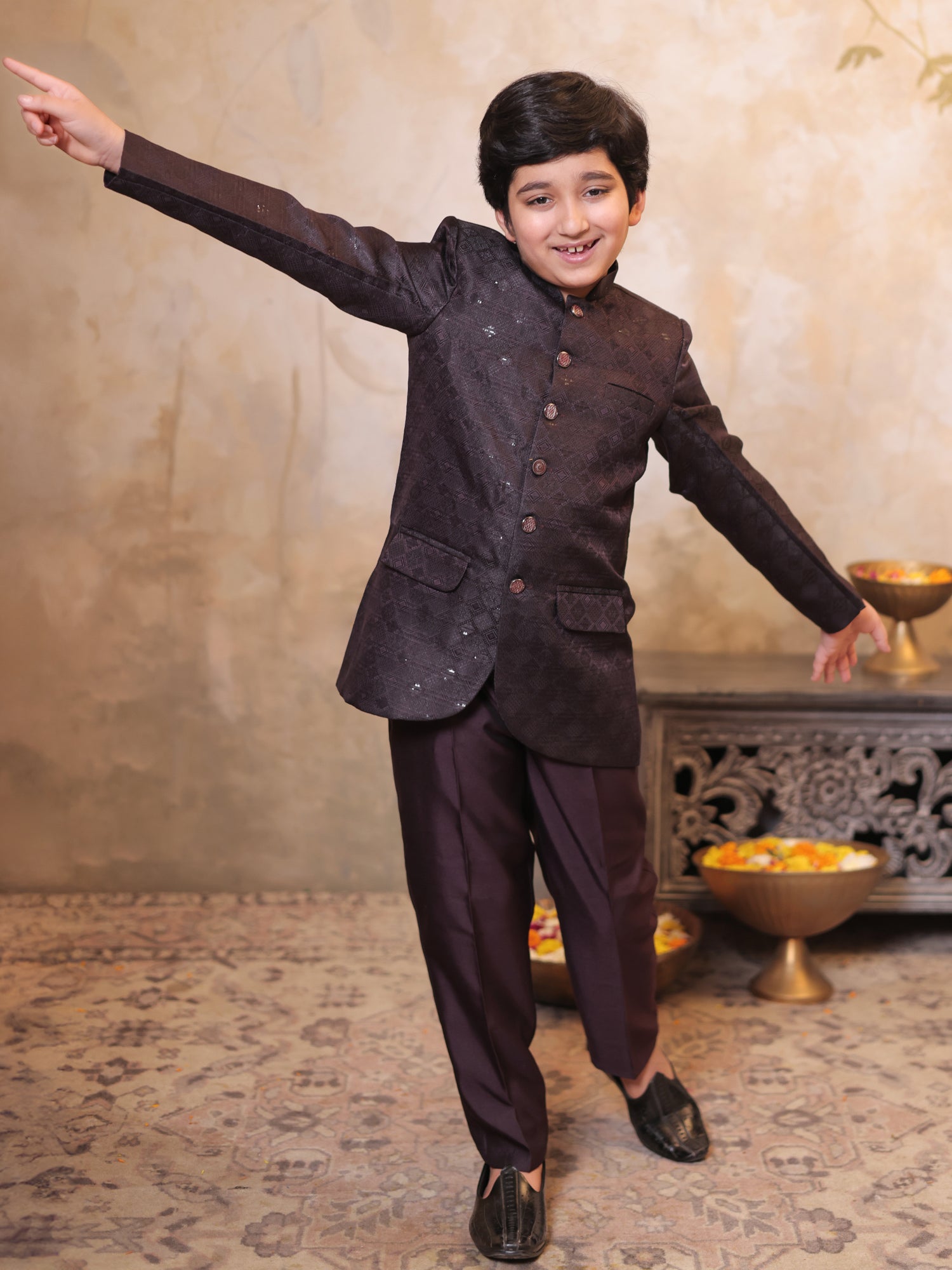 Boys Maroon Jacquard Full Sleeves Sequins and Embroidery Sherwani