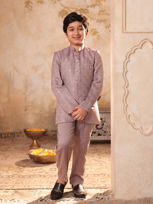 Boys Mauve Jacquard Full Sleeves Sequins and Embroidery Sherwani