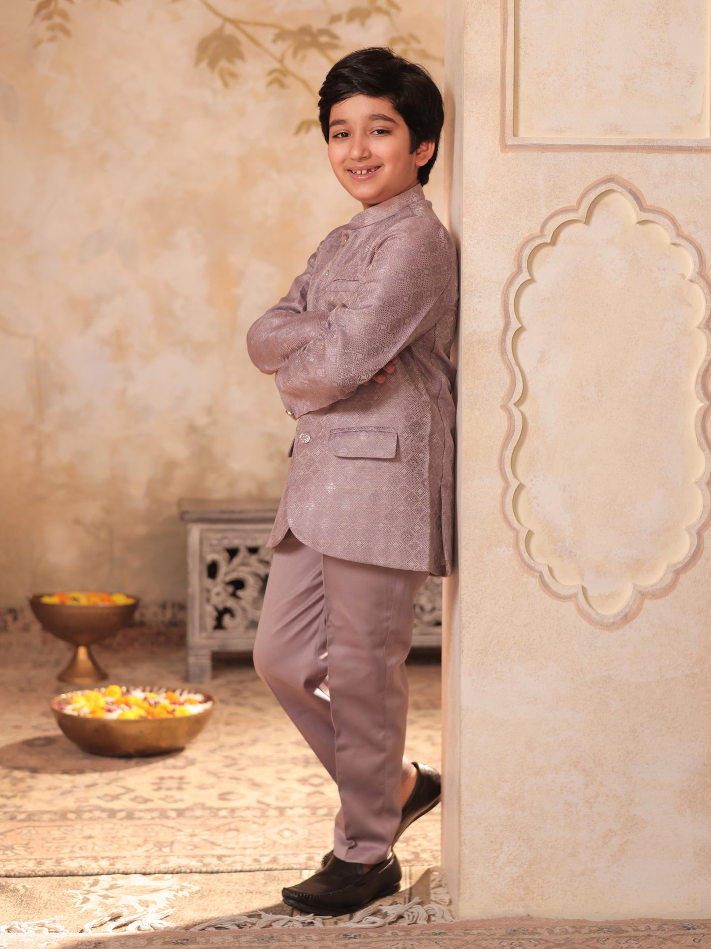 Boys Mauve Jacquard Full Sleeves Sequins and Embroidery Sherwani