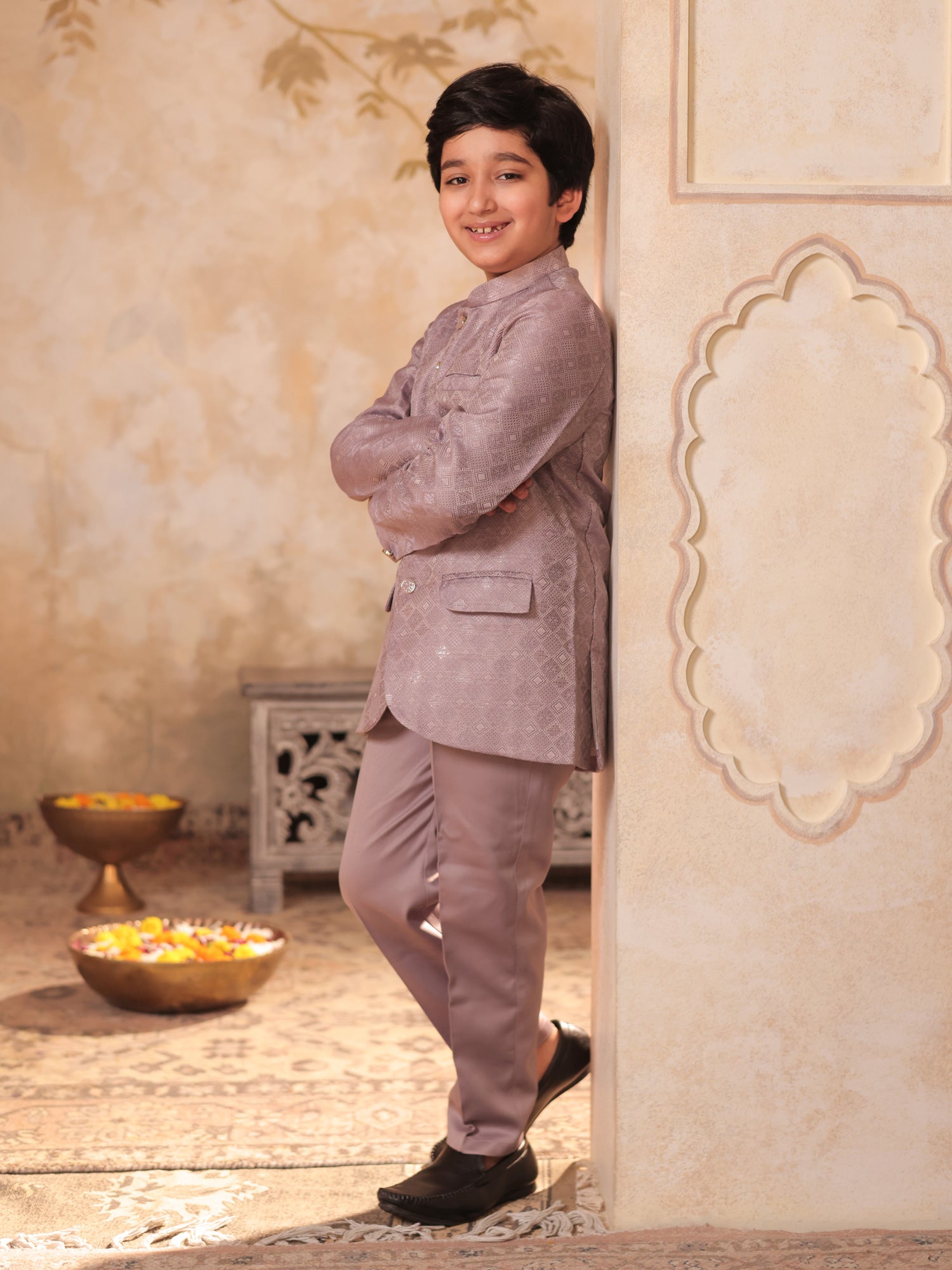 Boys Mauve Jacquard Full Sleeves Sequins and Embroidery Sherwani