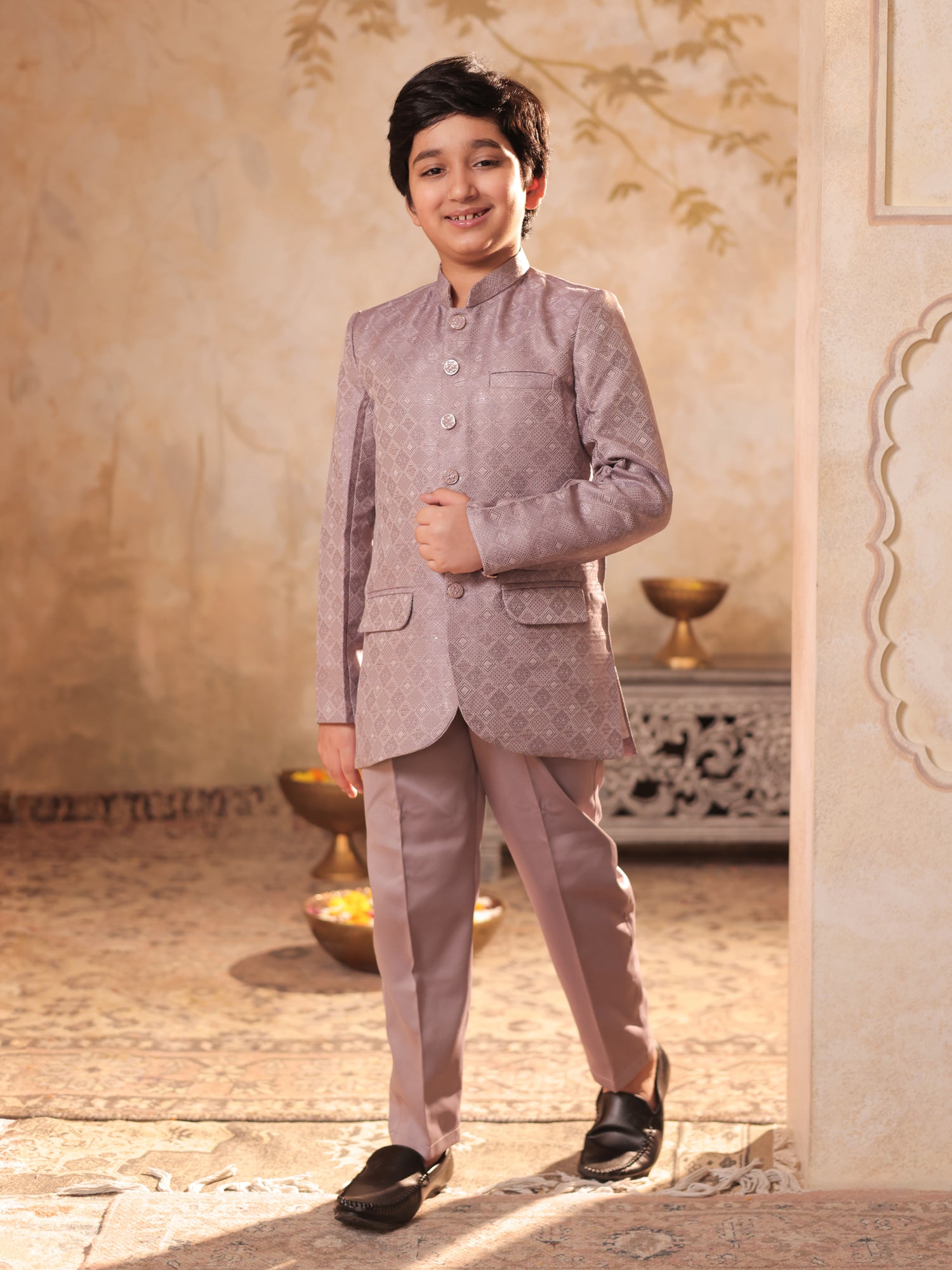 Boys Mauve Jacquard Full Sleeves Sequins and Embroidery Sherwani