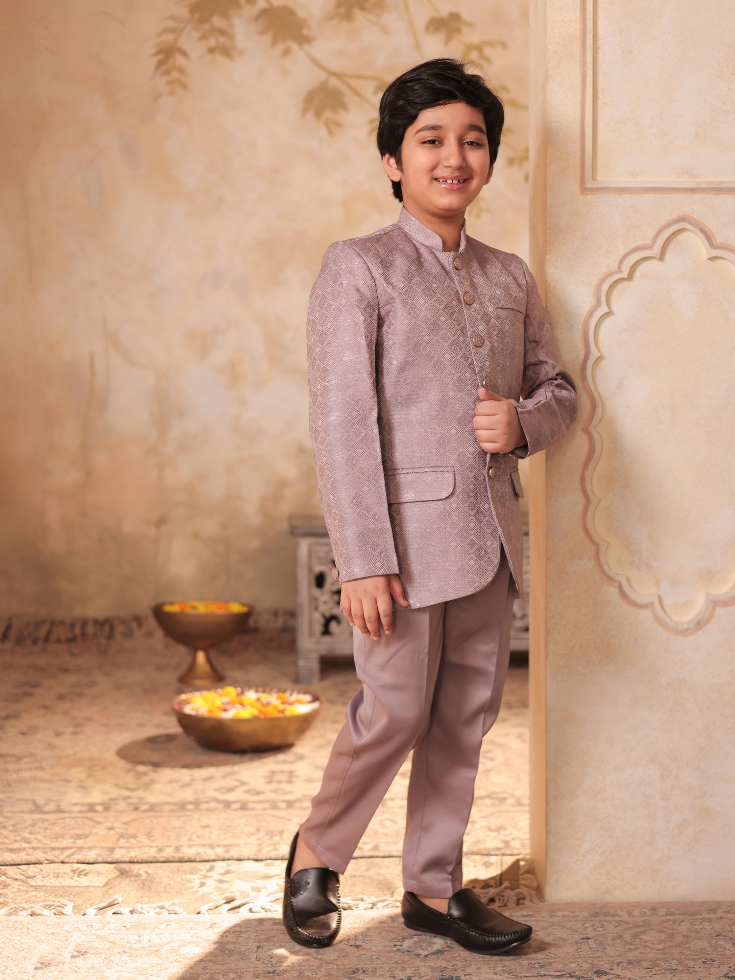 Boys Mauve Jacquard Full Sleeves Sequins and Embroidery Sherwani