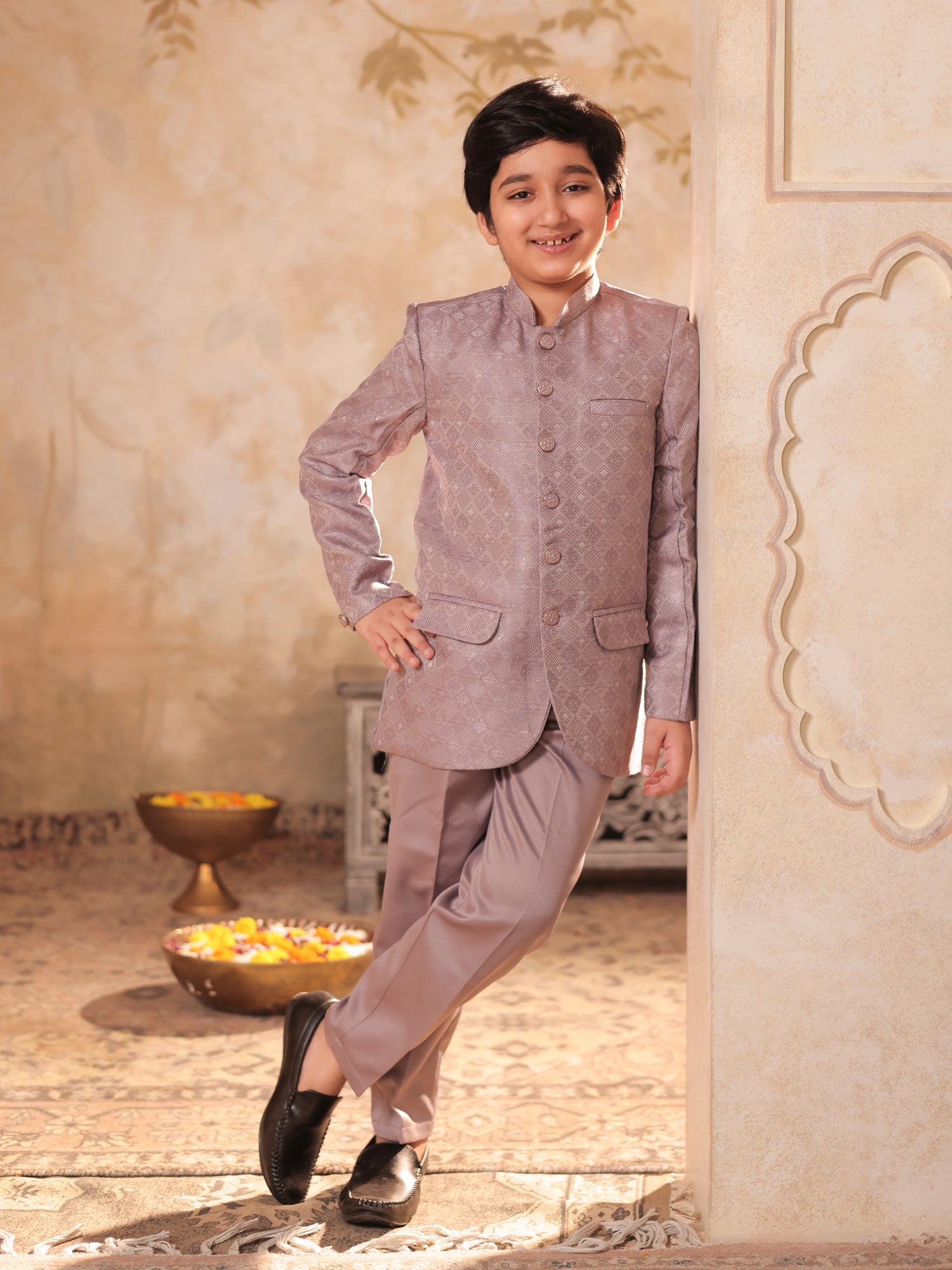 Boys Mauve Jacquard Full Sleeves Sequins and Embroidery Sherwani