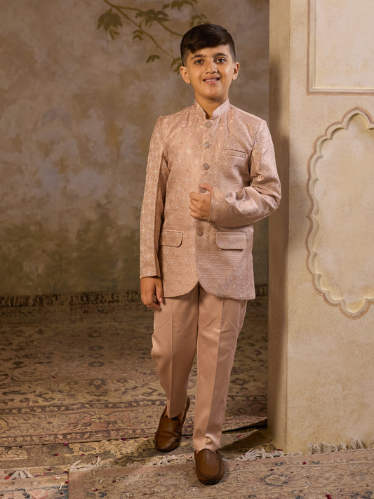 Boys Peach Jacquard Full Sleeves Sequins and Embroidery Sherwani