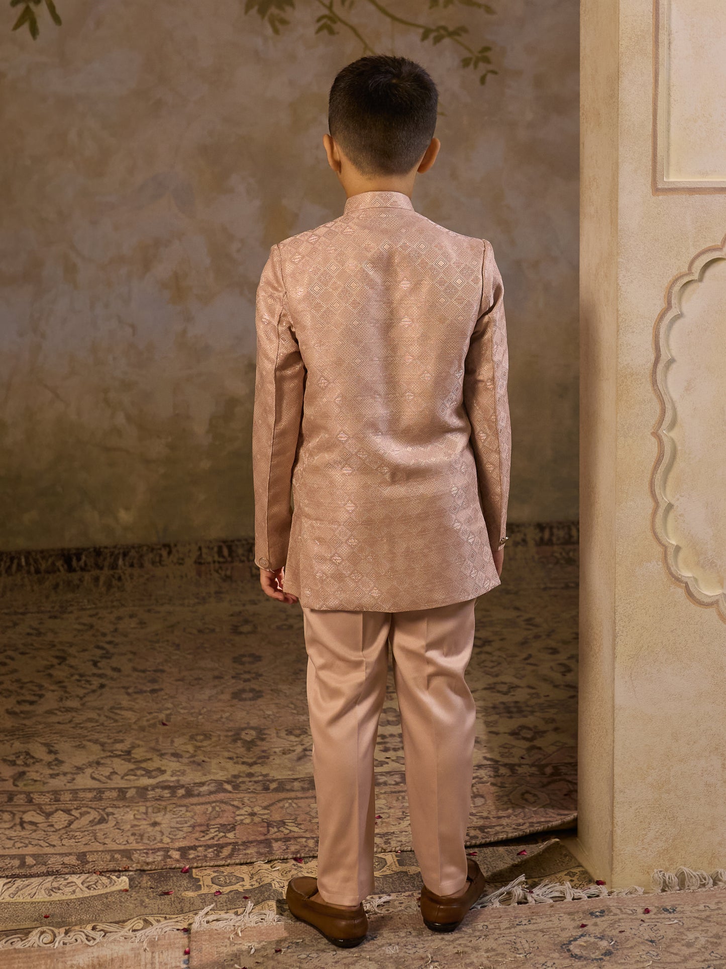 Boys Peach Jacquard Full Sleeves Sequins and Embroidery Sherwani