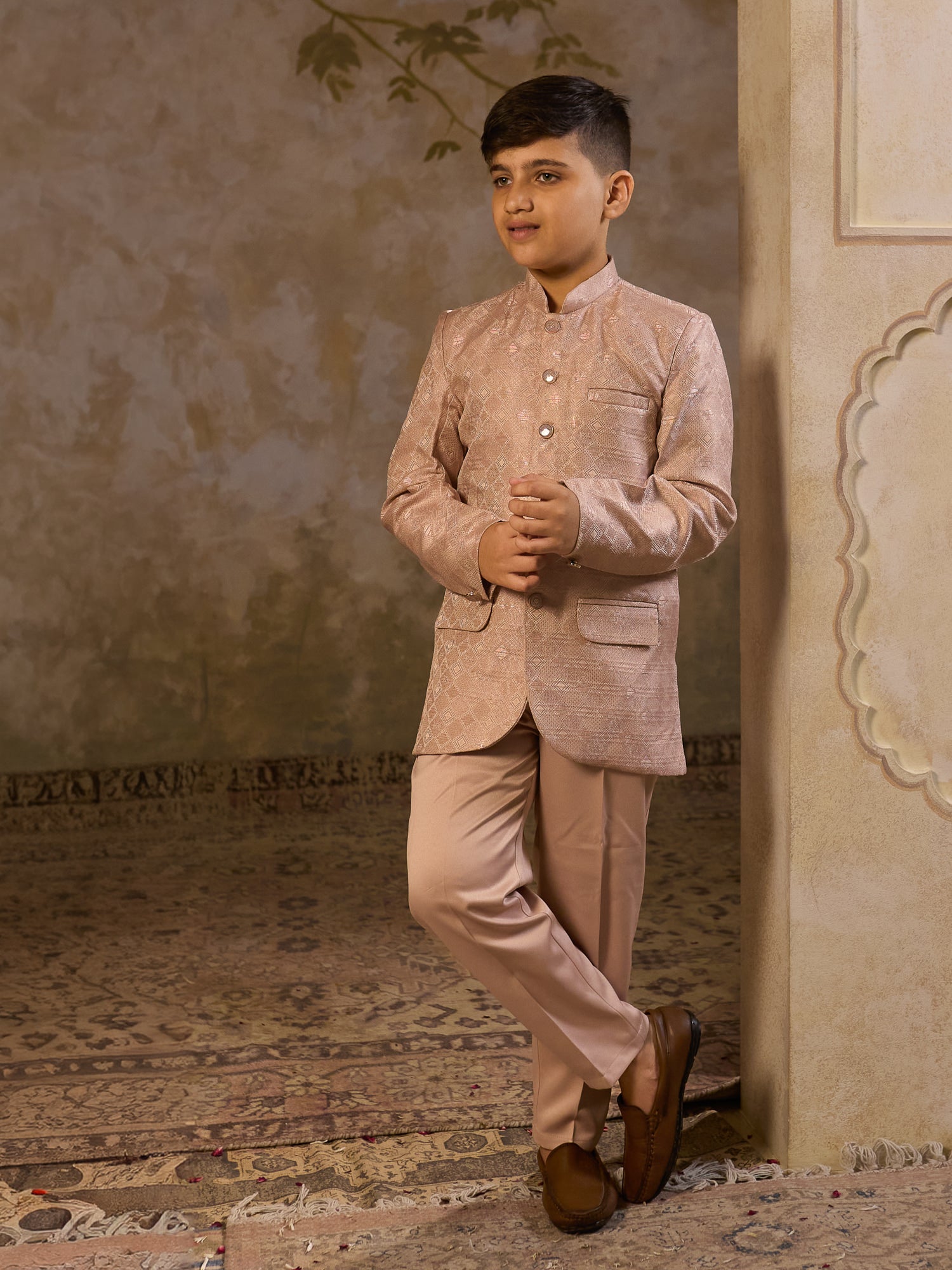 Boys Peach Jacquard Full Sleeves Sequins and Embroidery Sherwani