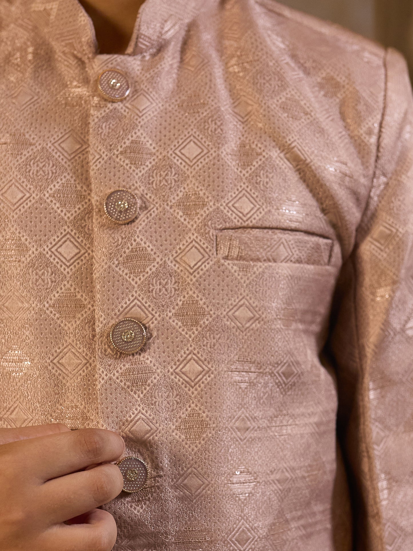 Boys Peach Jacquard Full Sleeves Sequins and Embroidery Sherwani