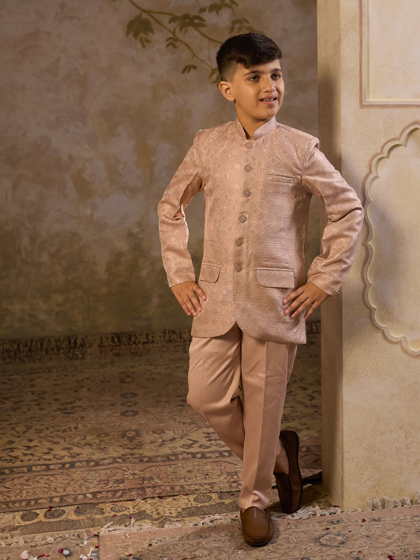 Boys Peach Jacquard Full Sleeves Sequins and Embroidery Sherwani
