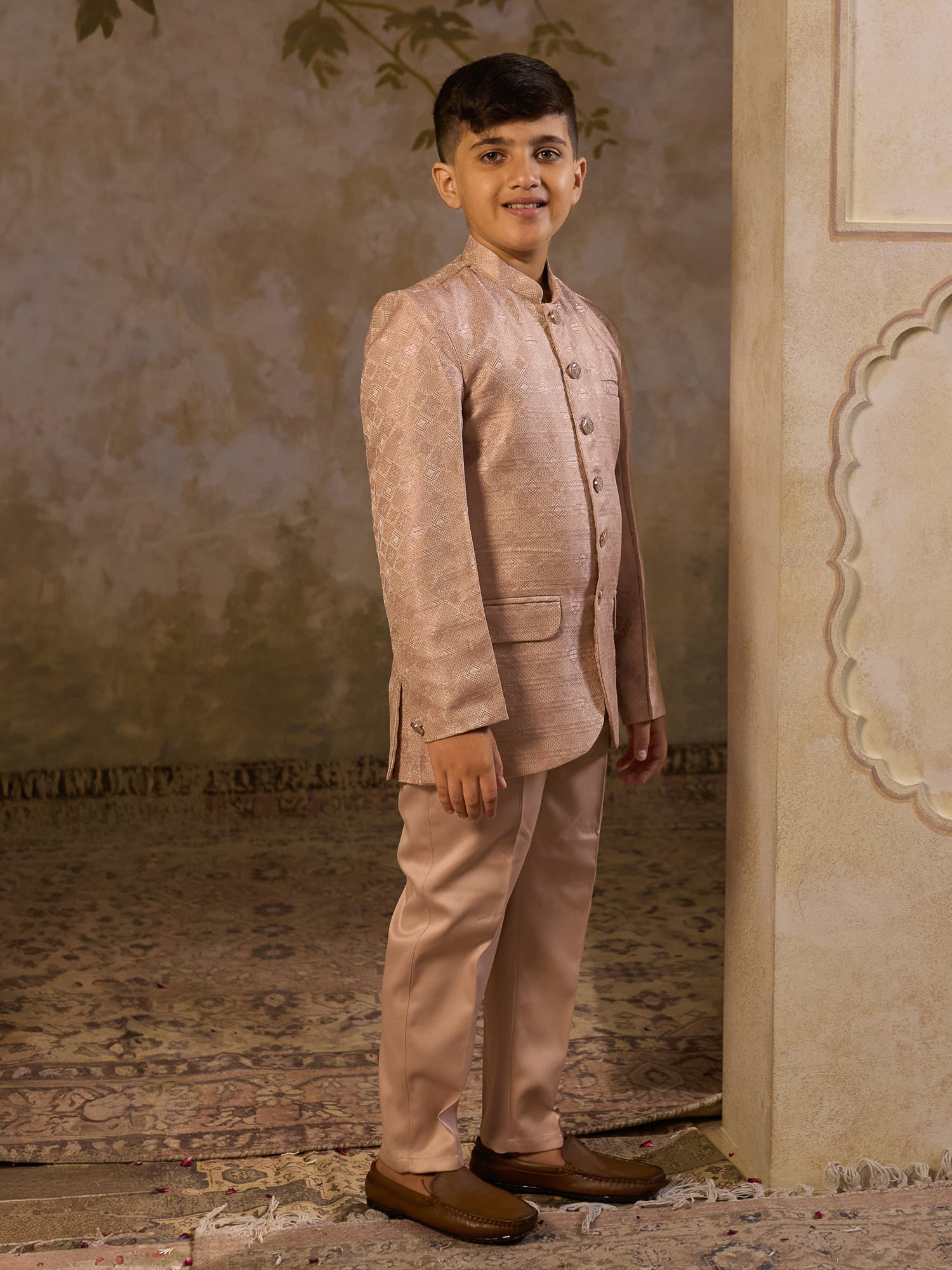 Boys Peach Jacquard Full Sleeves Sequins and Embroidery Sherwani