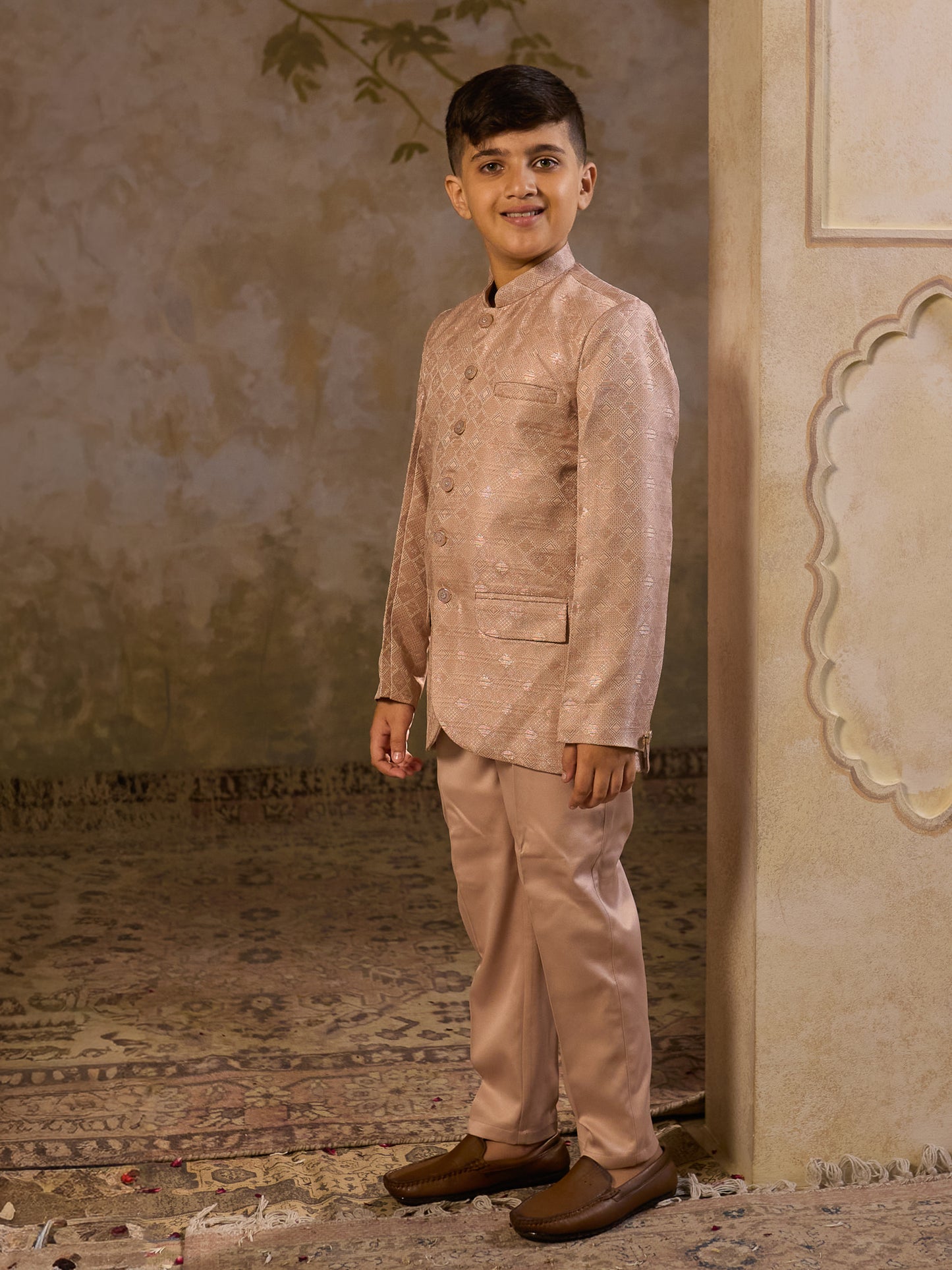 Boys Peach Jacquard Full Sleeves Sequins and Embroidery Sherwani