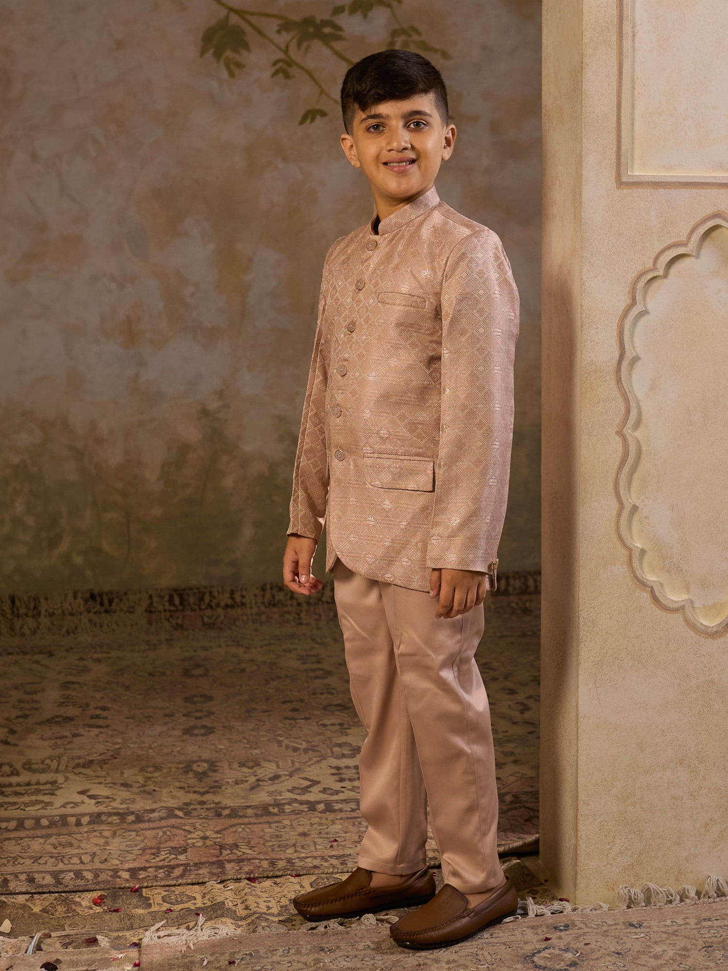 Boys Peach Jacquard Full Sleeves Sequins and Embroidery Sherwani
