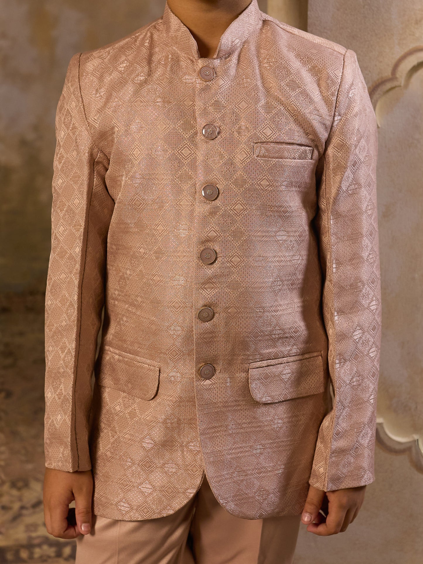 Boys Peach Jacquard Full Sleeves Sequins and Embroidery Sherwani