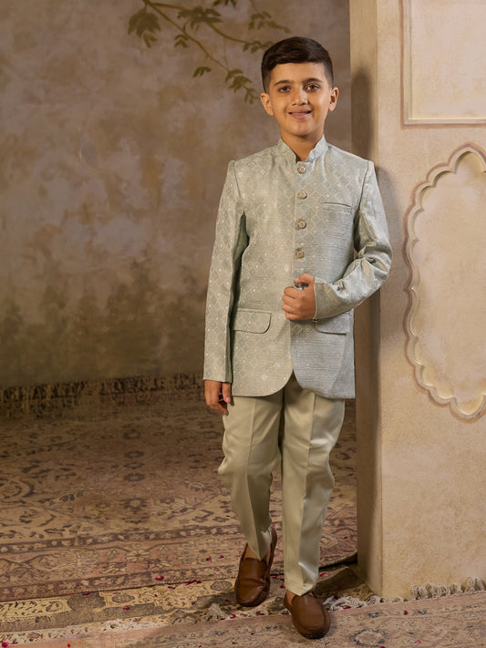 Boys Pista Jacquard Full Sleeves Sequins and Embroidery Sherwani
