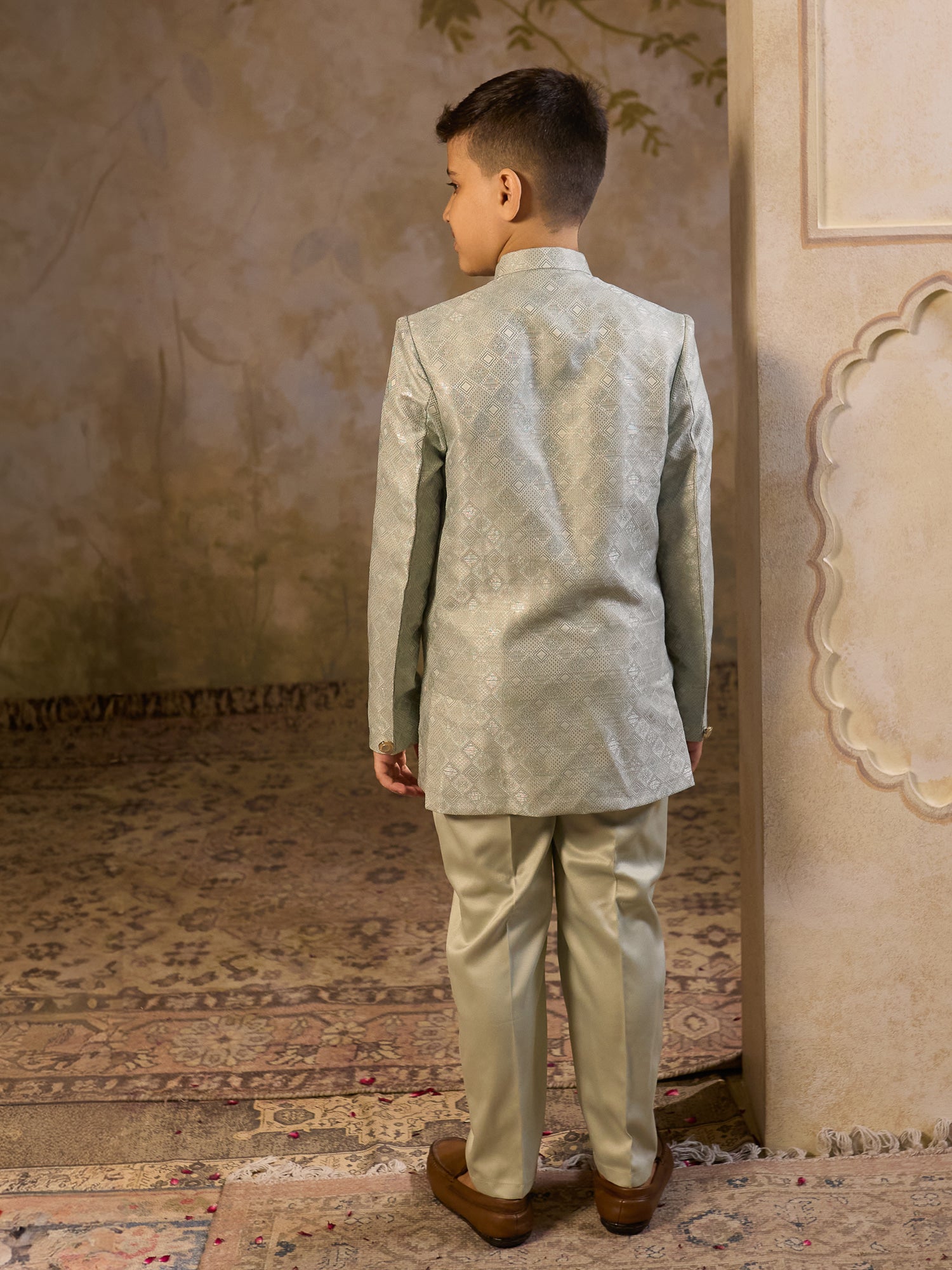 Boys Pista Jacquard Full Sleeves Sequins and Embroidery Sherwani