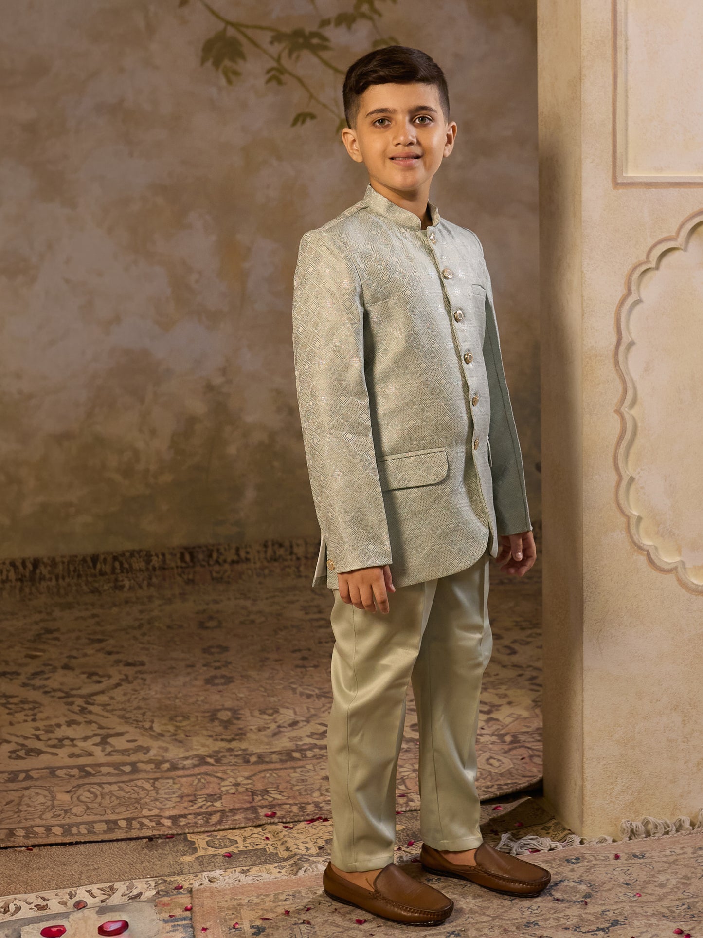 Boys Pista Jacquard Full Sleeves Sequins and Embroidery Sherwani