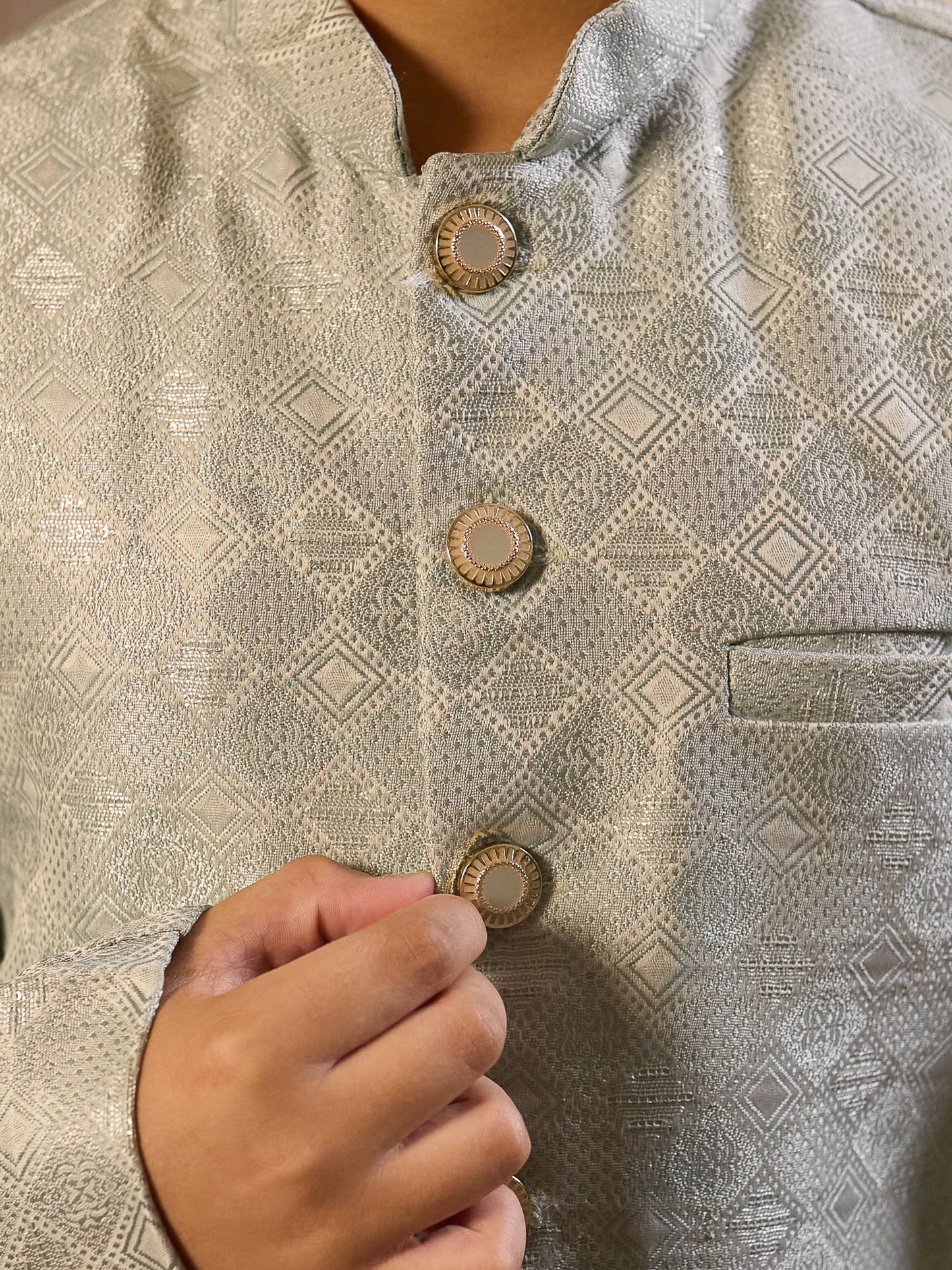 Boys Pista Jacquard Full Sleeves Sequins and Embroidery Sherwani