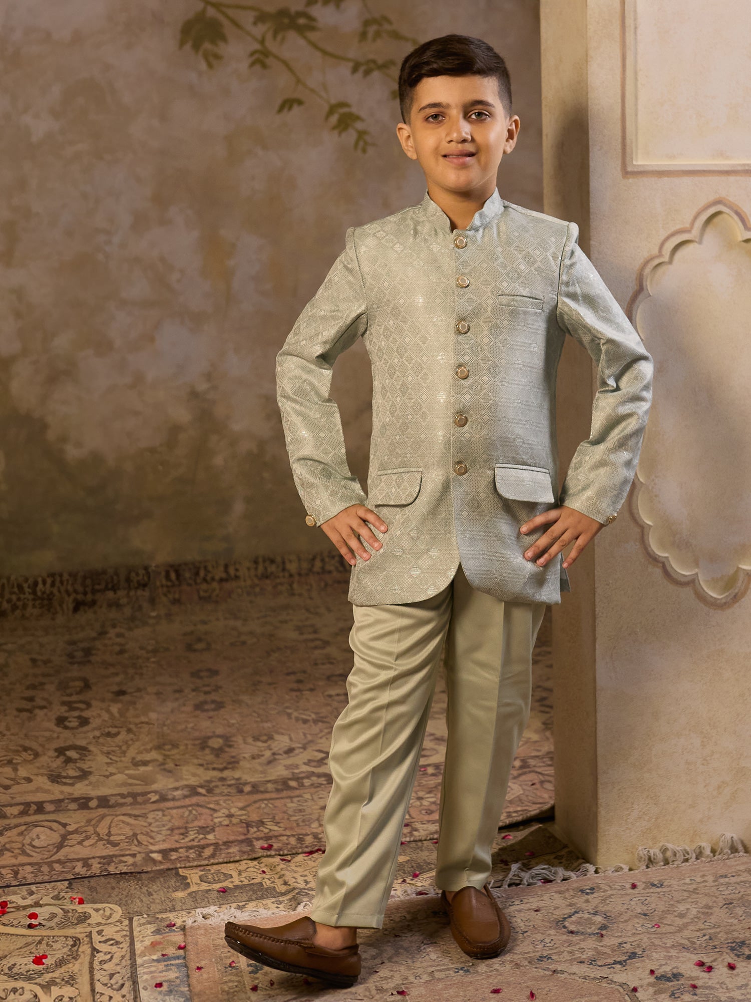 Boys Pista Jacquard Full Sleeves Sequins and Embroidery Sherwani